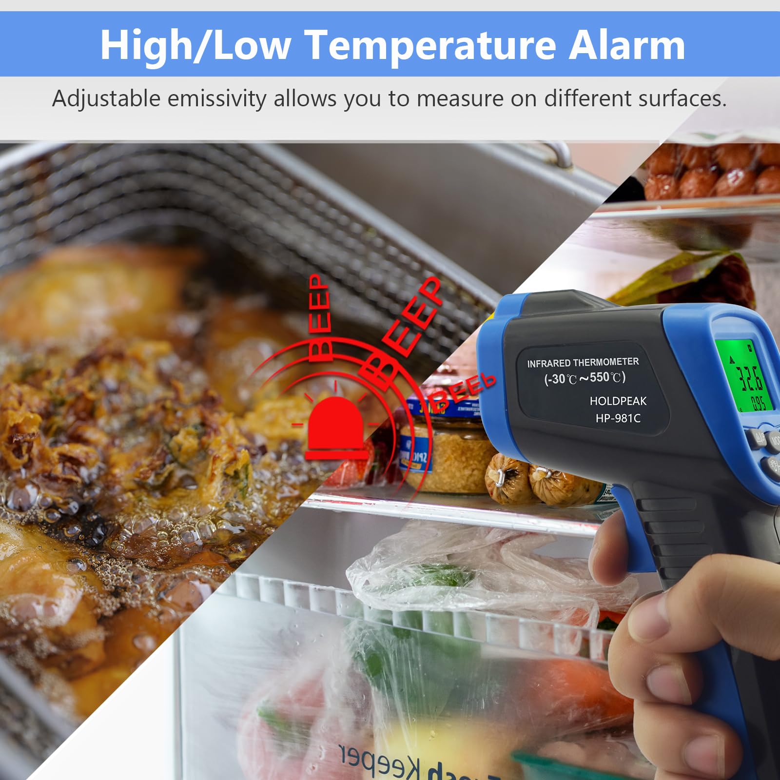 HOLDPEAK 981C Digital Laser Infrared Thermometer - Non Contact IR Temperature Gun with Instant Read (-58°F to 1022°F / -50°C to 550°C) - Perfect for Cooking, Grilling, Pizza Ovens, HVAC, Automotive & Industrial Use