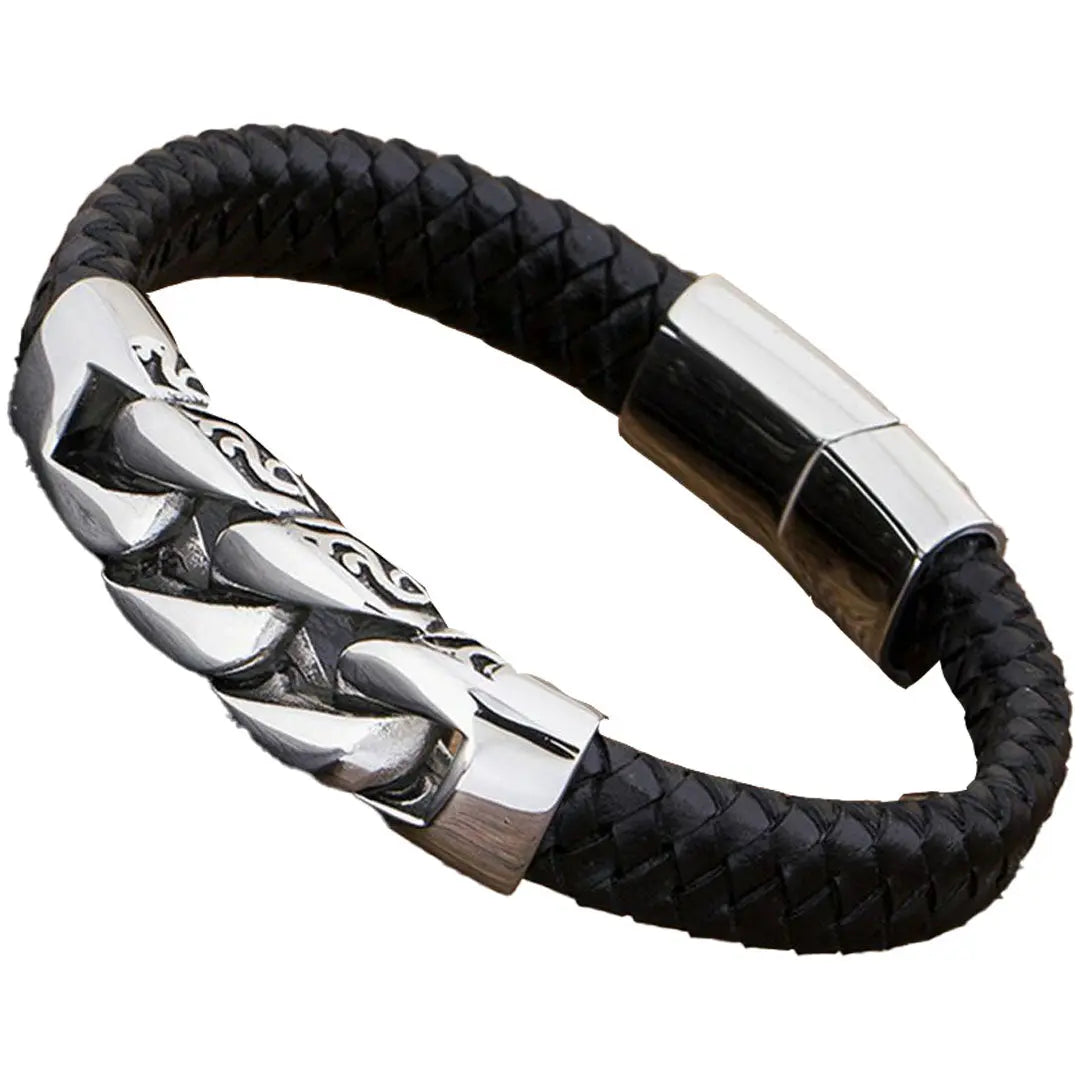 GoSteel Men's Cuban Link Bracelet - Stainless Steel & Genuine Leather Wristband for Men - Perfect for Casual Wear, Date Nights & Gifts