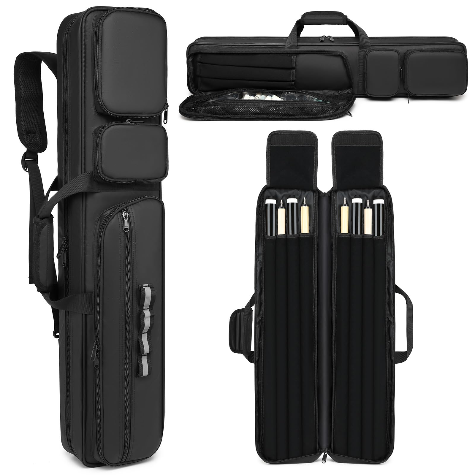 Premium 4x4 Pool Cue Case - Padded Carrying Bag Holds 4 Butts & 4 Shafts with Multiple Accessory Pockets | Durable Billiard Equipment Storage for Travel & Tournament Use
