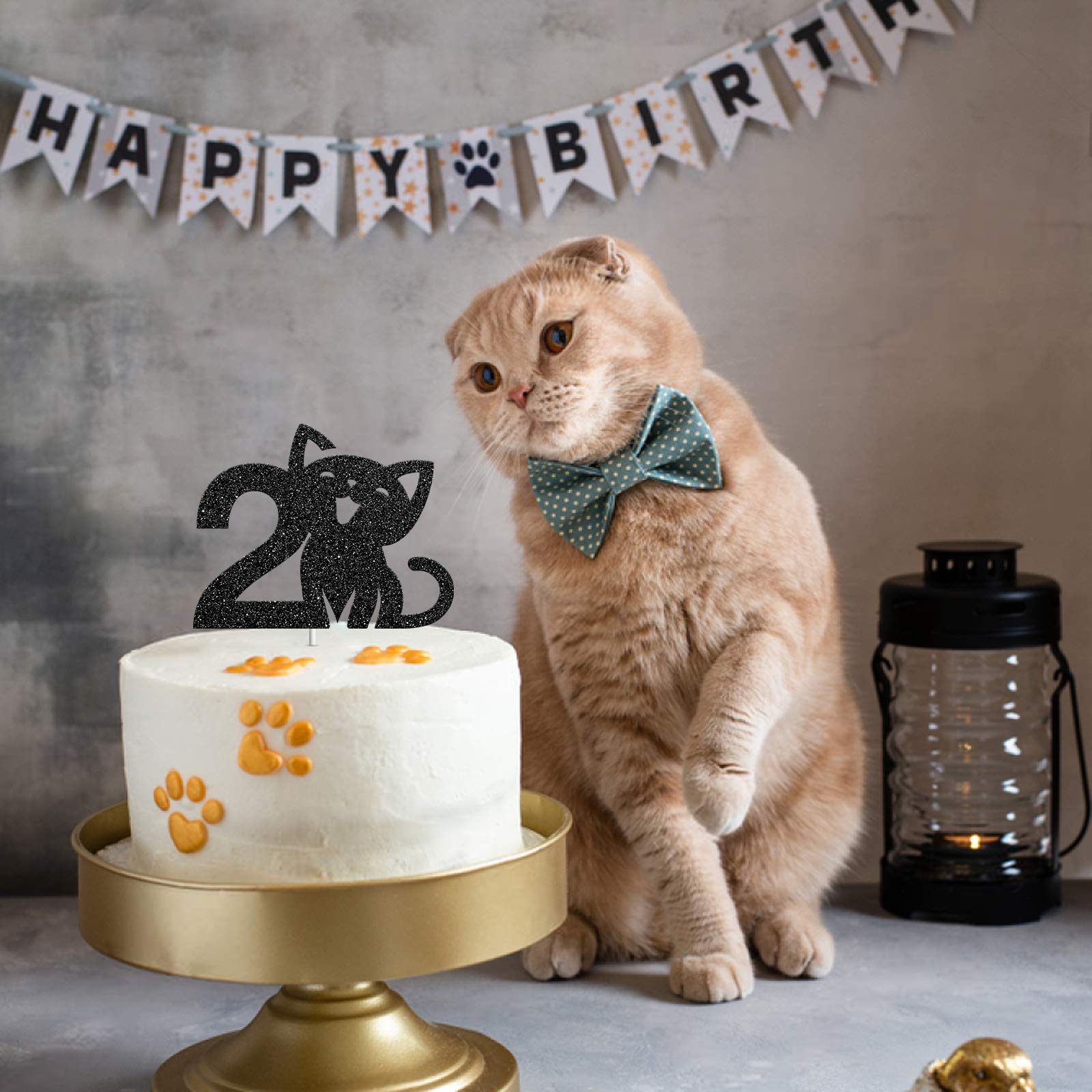 Happy 2nd Birthday Cat Cake Topper - Black Glitter 'I'm Two' Sign for Kitty Themed Parties | Pet Celebration Decor for Cakes, Cupcakes & Desserts