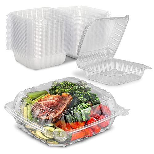 [250 Pack] 8x8x3 Inch Clear Hinged Plastic Food Containers - Disposable Clamshell Takeout Boxes for Cakes, Pastries, Salads & Bakery Items - Leak-Proof Single Compartment Togo Containers with Lids - Perfect for Restaurants, Catering, Food Delivery & Party Snacks