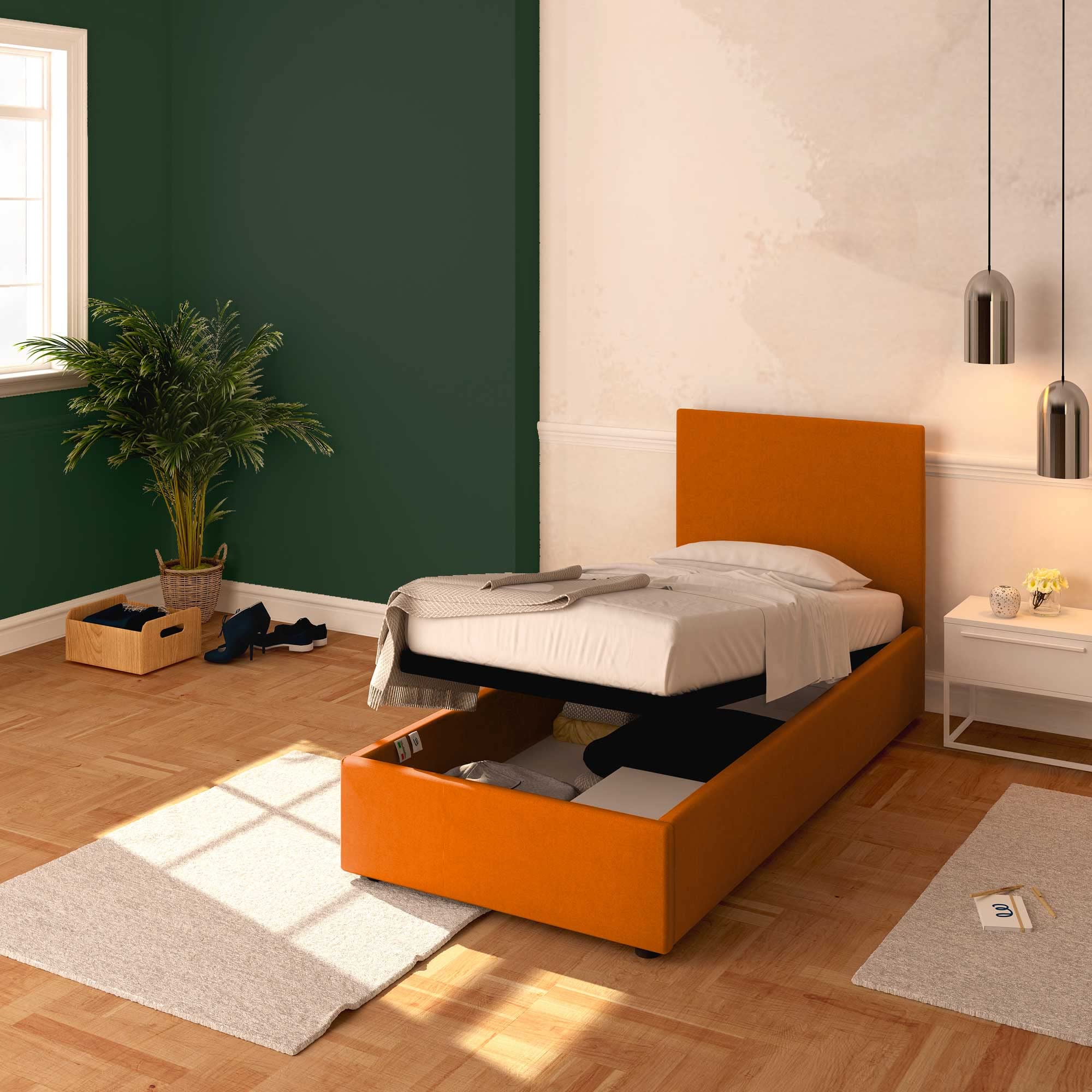Baldiflex Single Bed with Storage - Rossano Model Synthetic Leather Upholstery, Slatted Base for Single Mattresses, 80 x 200 cm, Elegant Headboard in Orange - Perfect for Small Bedrooms, Guest Rooms & Studio Apartments