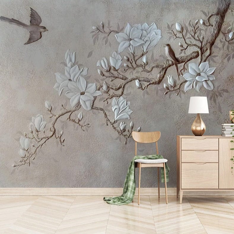 Tree Branch with White Flowers Wallpaper - Nature-Inspired Prints for Home & Office Decor | Perfect for Living Room, Bedroom, and Nursery