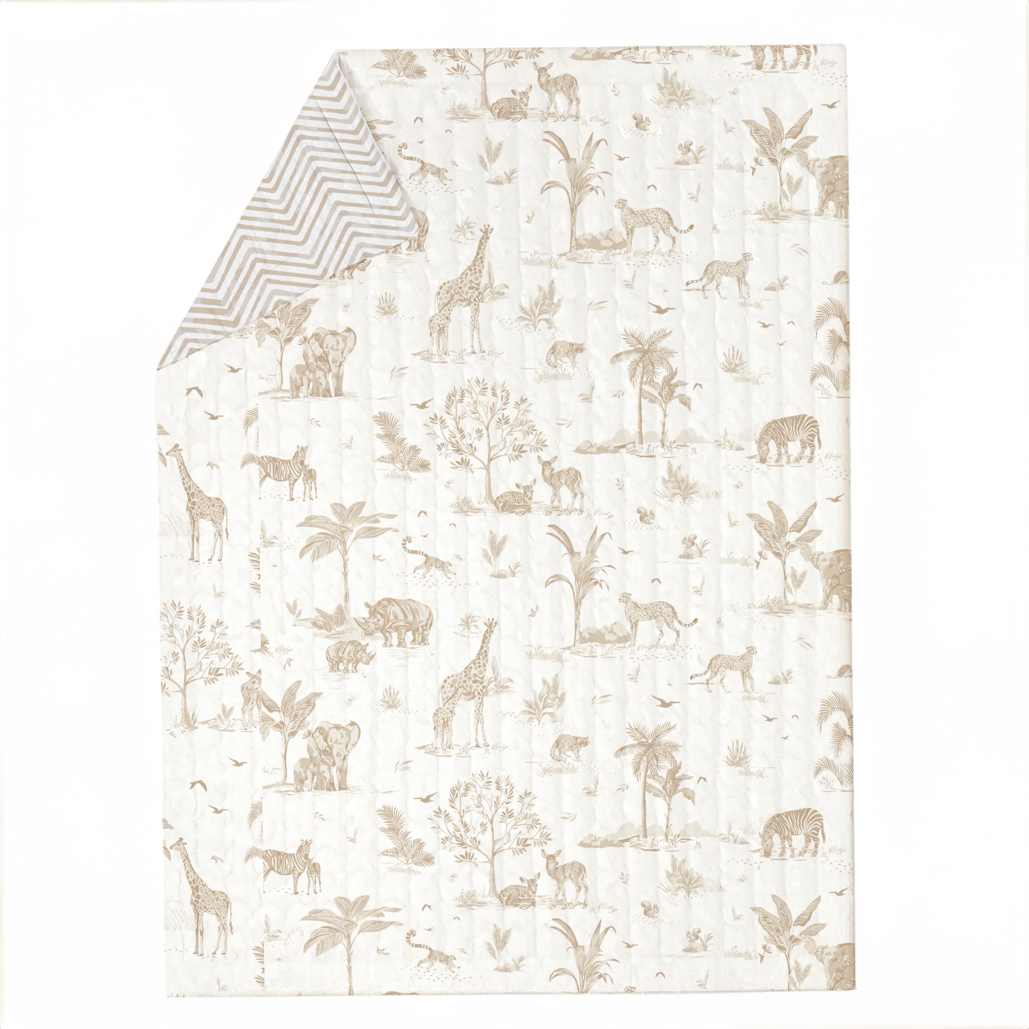 GOTS Certified Organic Toddler Blanket - Ultra Soft Reversible Cotton Comforter for Kids | Breathable & Hypoallergenic | Safari & Herringbone Design (44x60 inches) - Perfect for Nursery, Daycare, and Travel