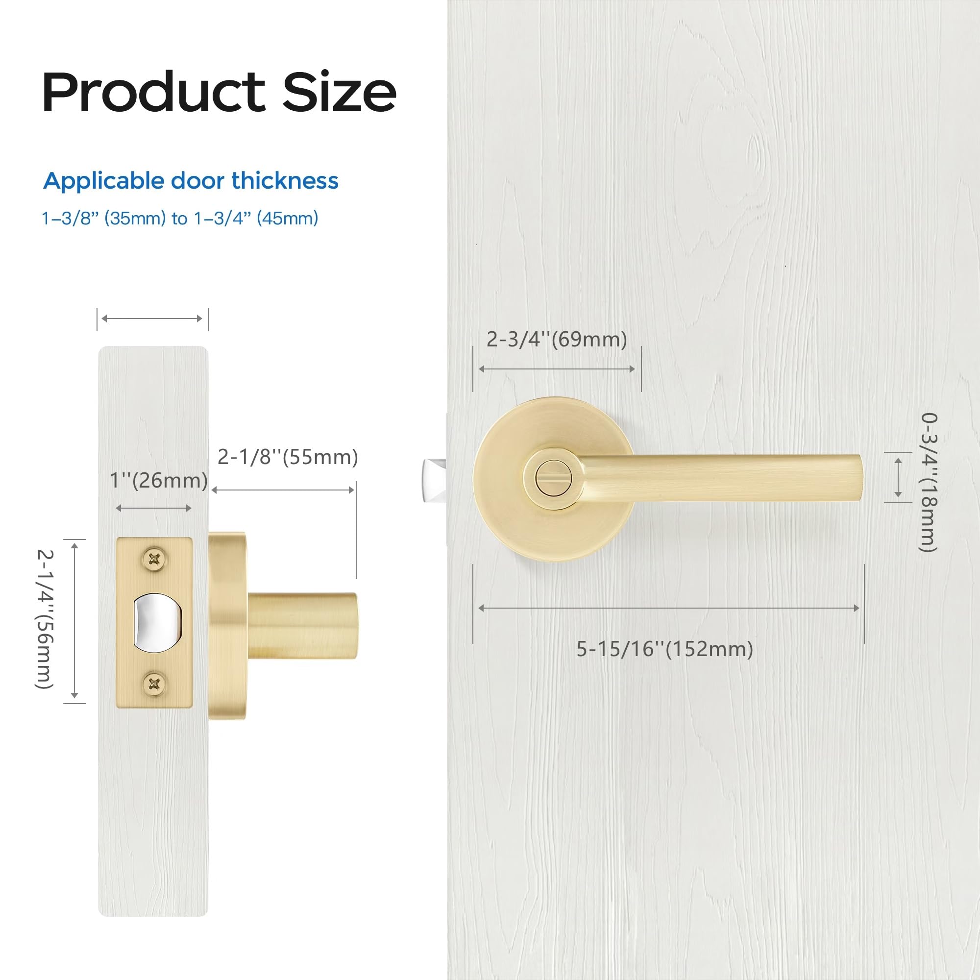 Leydebong 4 Pack Gold Privacy Door Handles - Bed & Bath Lever Door Locks (Left/Right Handed) in Satin Brass Finish - Perfect for Bedrooms, Bathrooms & Interior Doors