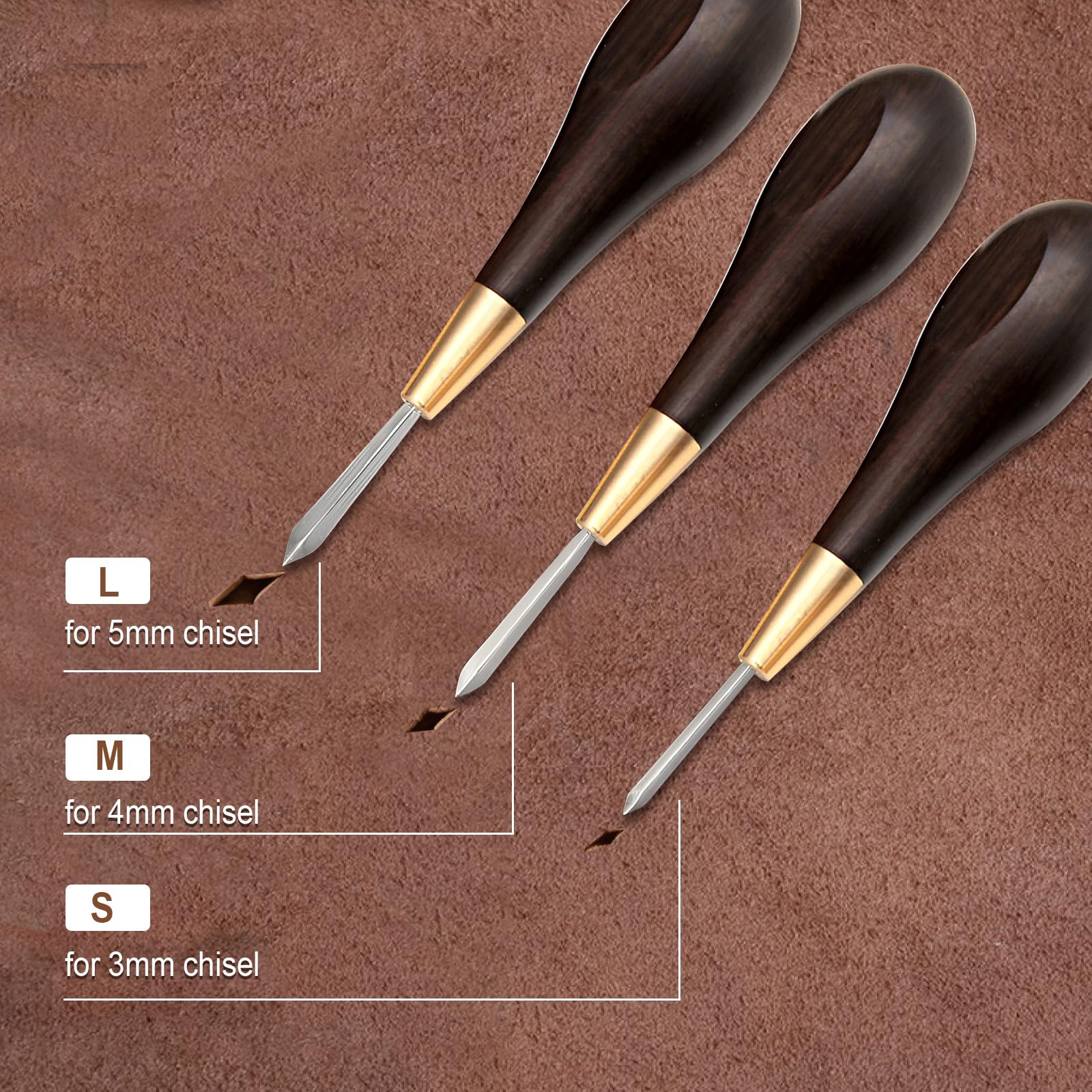Diamond Shape Stitching Awl, Leather Craft Sewing Awl with Blackwood Handle - 3 Size Chisel Kit for DIY Leatherworking, Shoe Repair, Bag Making & Upholstery Projects