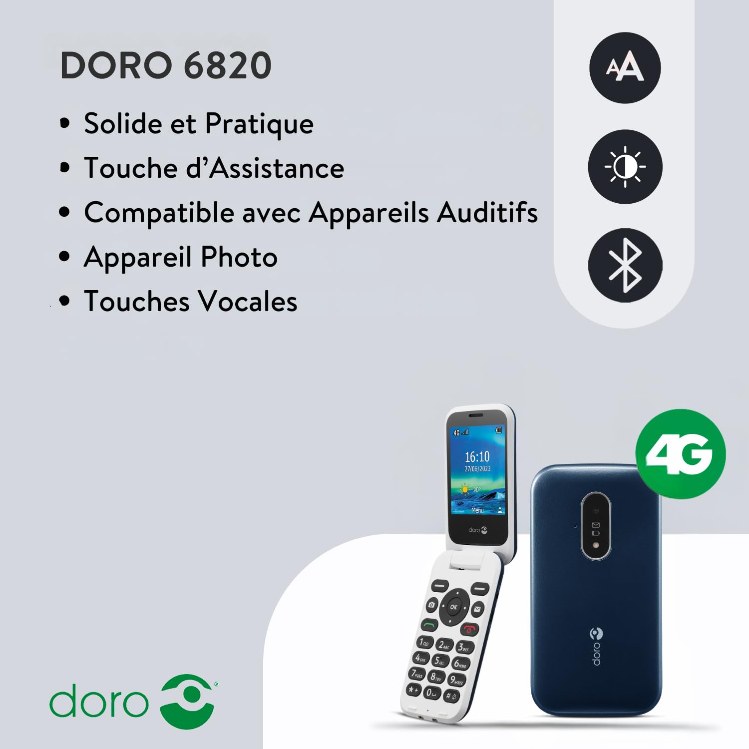 Doro 6820 4G Flip Phone for Seniors - Easy-to-Use Senior Cell Phone with Large Talking Buttons, Camera, Emergency Assist Button & Charging Stand (Blue) - Perfect for Elderly Parents & People with Limited Mobility