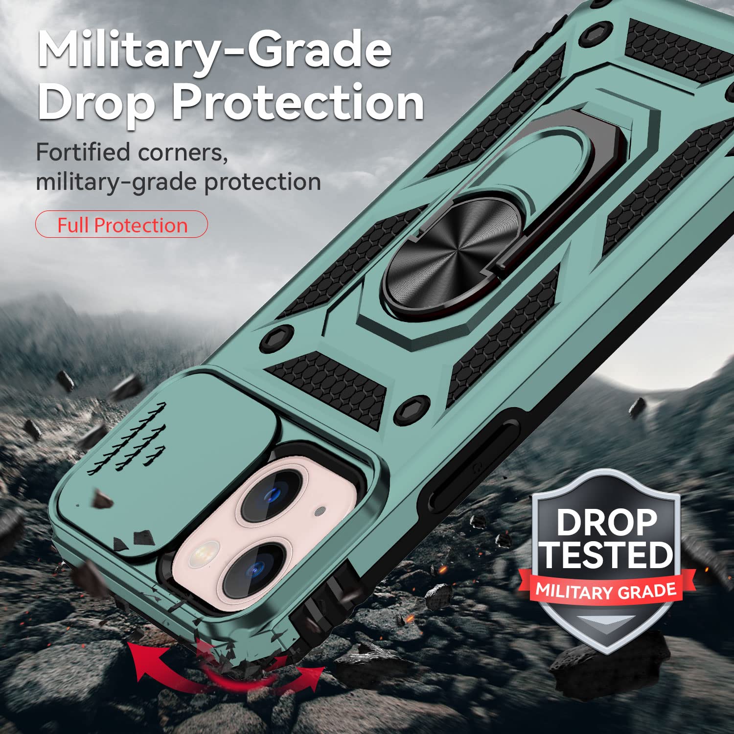 Hitaoyou iPhone 13 Case with Camera Cover & Kickstand - Military Grade Shockproof Heavy Duty Protective Magnetic Phone Cover for iPhone 13 (Green) - Perfect for Outdoor Activities, Travel and Daily Protection
