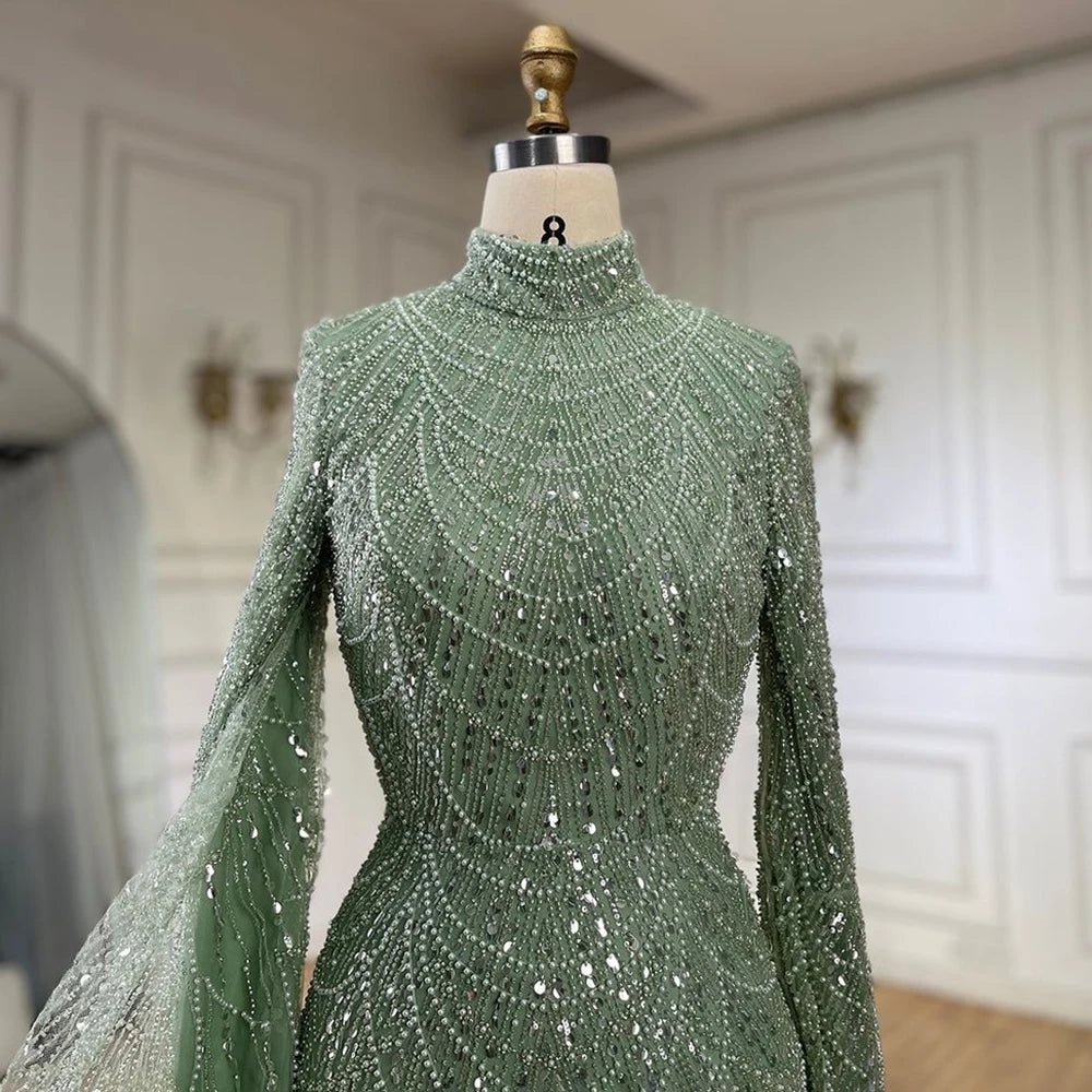 Luxury Dubai Muslim Sage Green Pearls Evening Dress with Cape - Plus Size LA72591 for Wedding, Party & Special Occasions