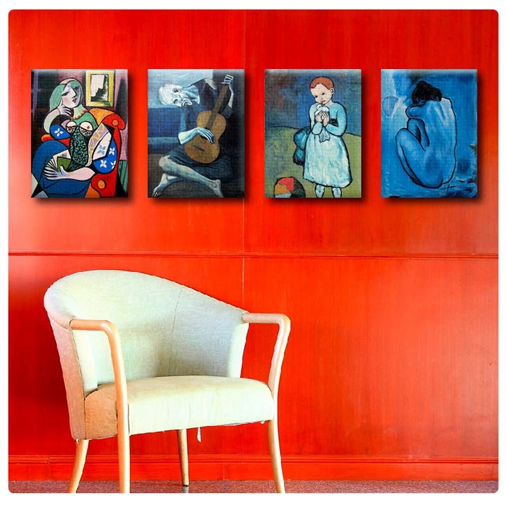 Pablo Picasso Lady Book Guitarist Blue Art Print - 12x16 Inch (30x41cm) 100% Cotton Canvas Wall Art - Set of 4 Framed Ready Paintings for Living Room, Bedroom & Nursery Decor | Famous Cubist Artwork for Home & Office