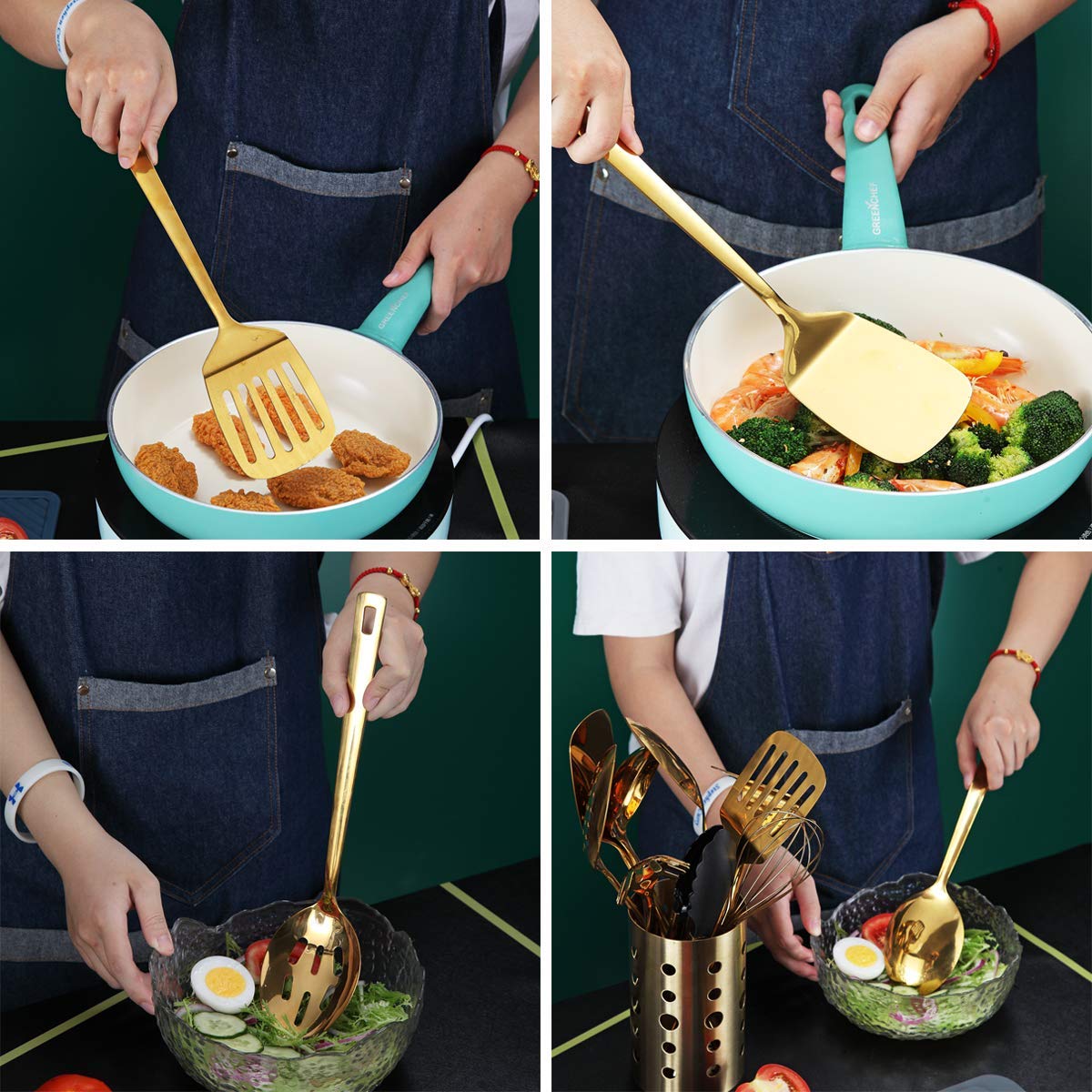 Premium 13-Piece Gold Plated Stainless Steel Kitchen Utensil Set by Berglander - Nonstick Cooking Tools with Holder, Dishwasher Safe & Easy to Clean - Perfect for Baking, Frying, and Everyday Cooking