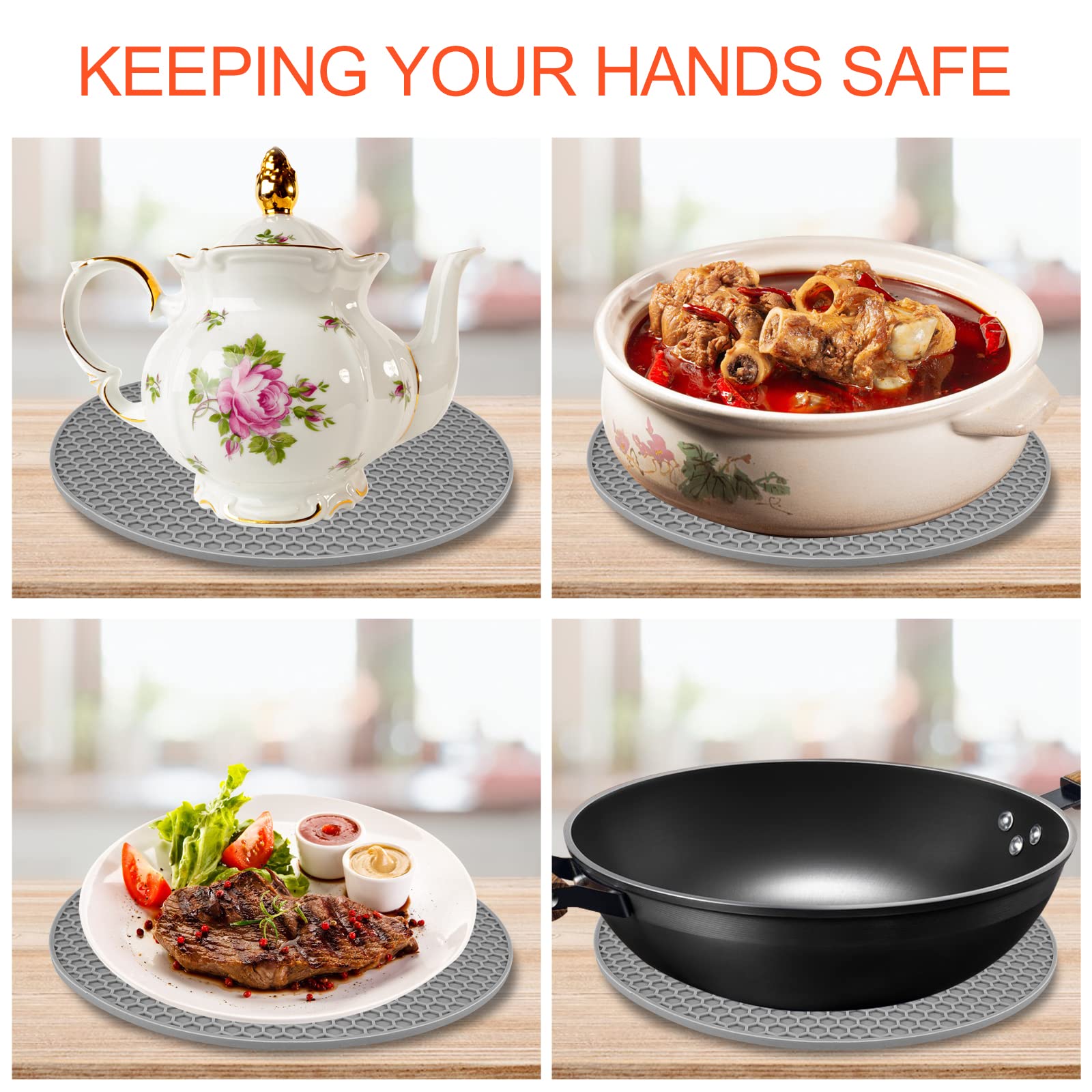 Uootach Set of 4 Round Silicone Pot Holders - Non-Slip, Waterproof, Heat Resistant Silicone Trivets for Pots, Pans, Teapots & Bowls (Gray) - Perfect for Kitchen Countertops, Dining Tables & Outdoor Picnics
