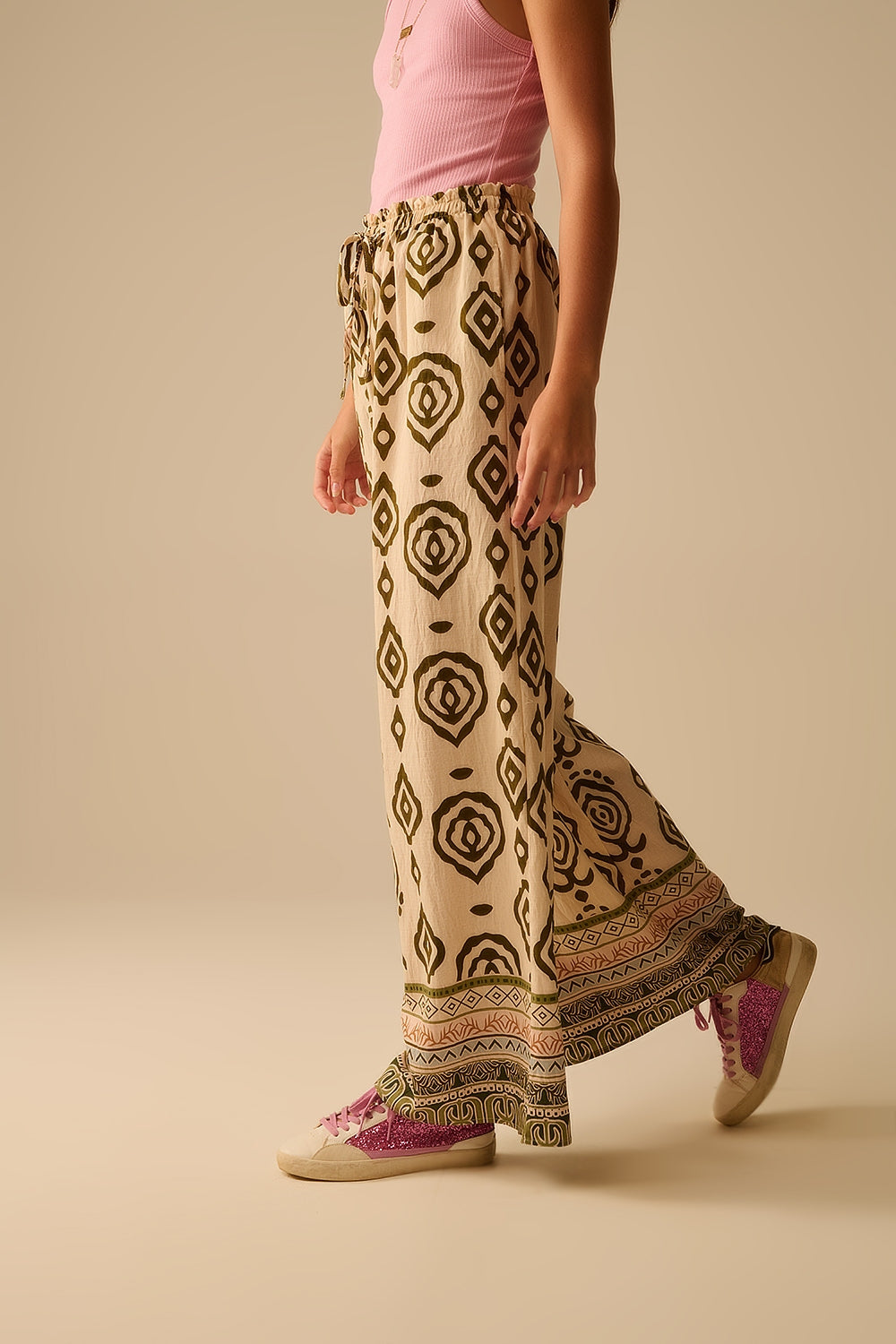 Bohemian Print Wide Leg Khaki Pants for Women - Casual Chic Palazzo Trousers for Summer, Travel & Boho Style Outfits