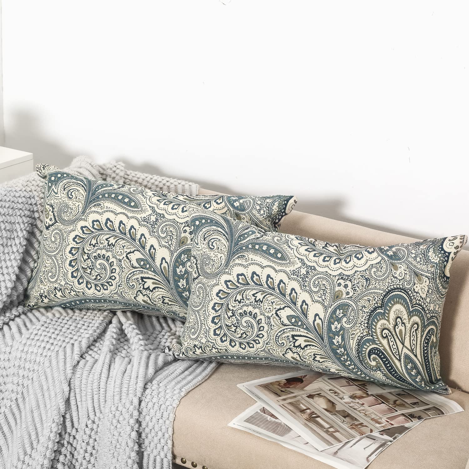 Adeco Queen Size Paisley Pattern Pillowcases Set of 2 - 20x30 Inch Zippered Decorative Pillow Covers for Bed, Sofa & Couch (Blue Boho Style) - Perfect for Bohemian Bedroom Decor & Living Room Accents