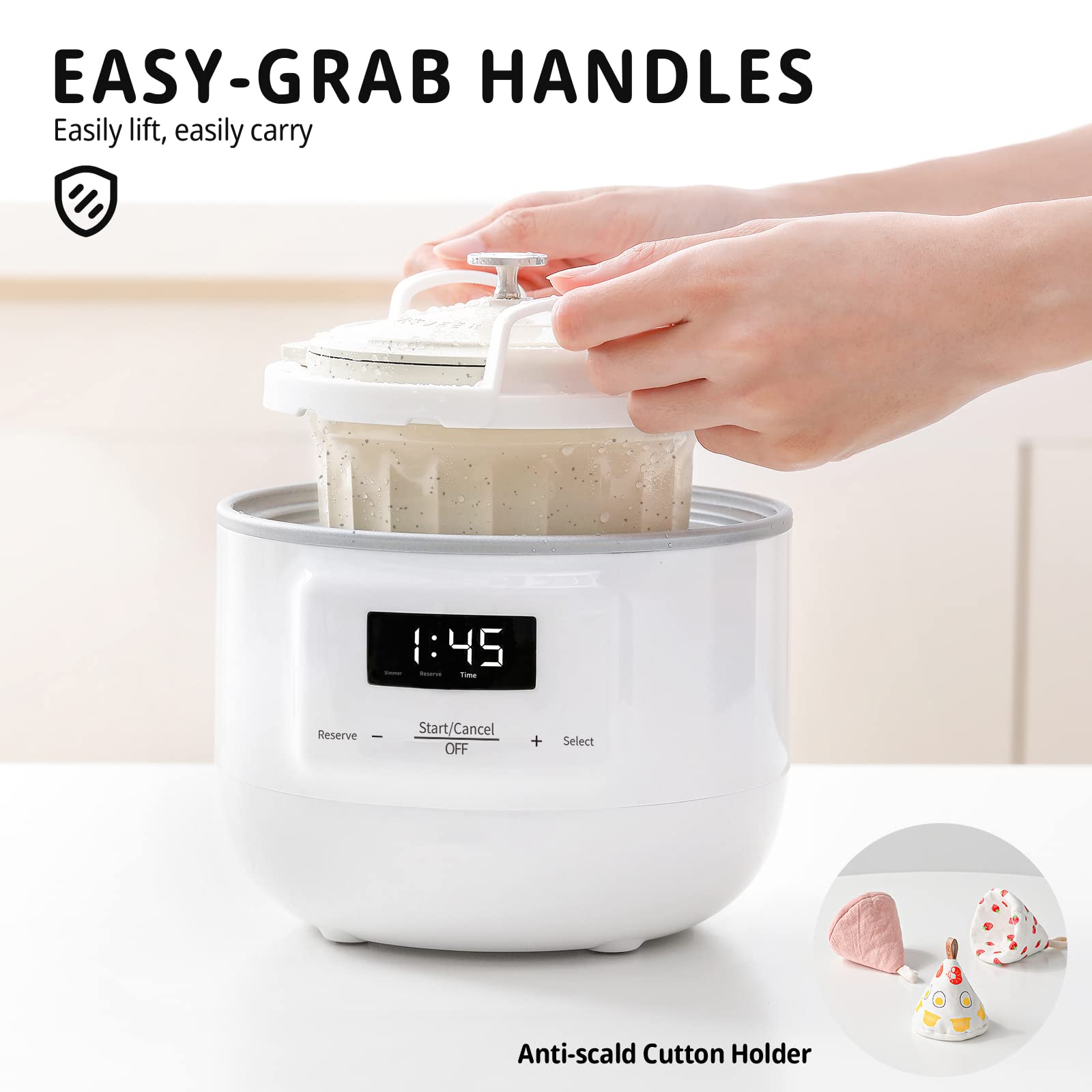 1.5QT White Slow Cooker with Smart Timer, Ceramic Pot & Multi-Function - Electric Rice Cooker, Stew Pot & Yogurt Maker with Keep Warm Feature - Perfect for Meal Prep, Family Dinners & Healthy Cooking