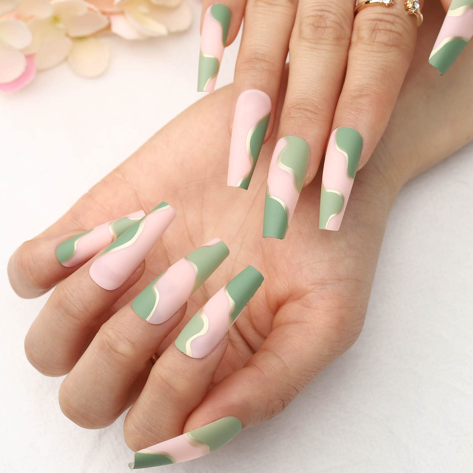 Acenail Extra Long Coffin Press-On Nails - 24PCS French Tip Fake Nails with Glossy Designs, Full Cover Acrylic Nail Tips for Women & Girls (#3 Matte Line) - Perfect for Parties, Weddings & Daily Wear