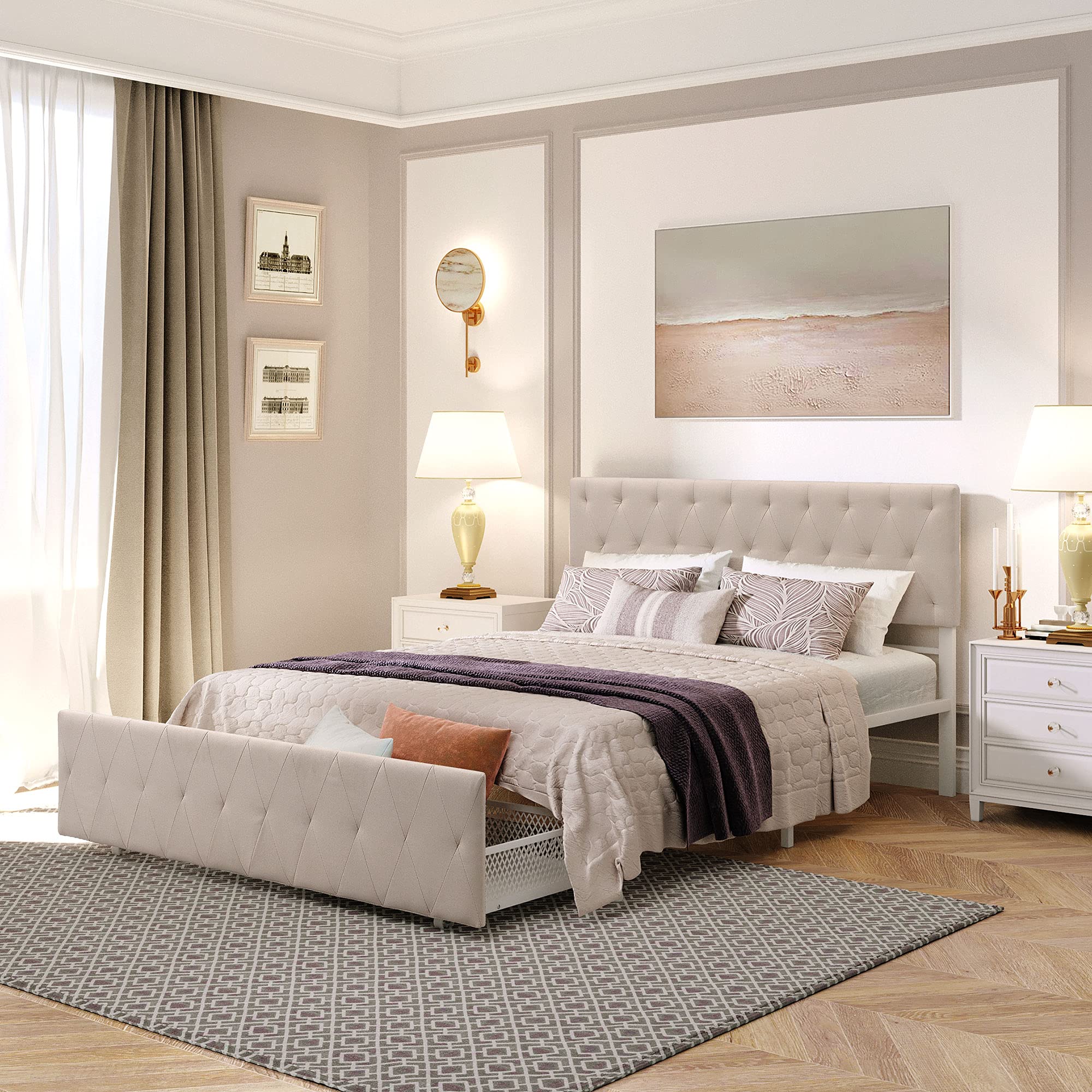 **DERMASS Kids Storage Bed - Metal Platform Bed Frame with Large Drawer, No Box Spring Needed, Queen Size Beige - Perfect for Small Bedrooms & Space-Saving Kids' Rooms**