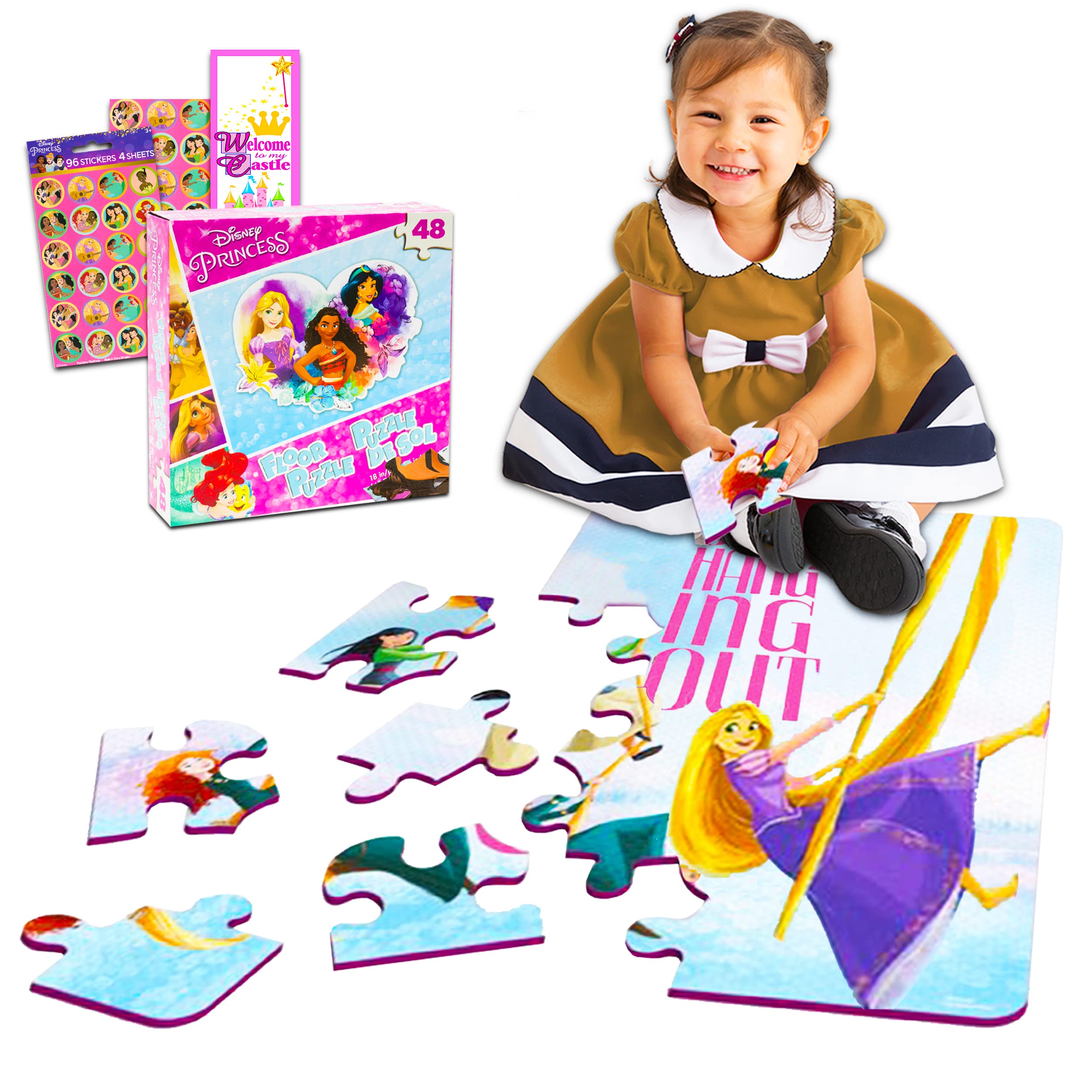 Disney Princess Jigsaw Puzzle Set for Kids - 48 Piece Floor Puzzle with Princess Stickers, Perfect for Girls Ages 4-8 | Fun Learning Activity, Birthday Gift & Family Game Night