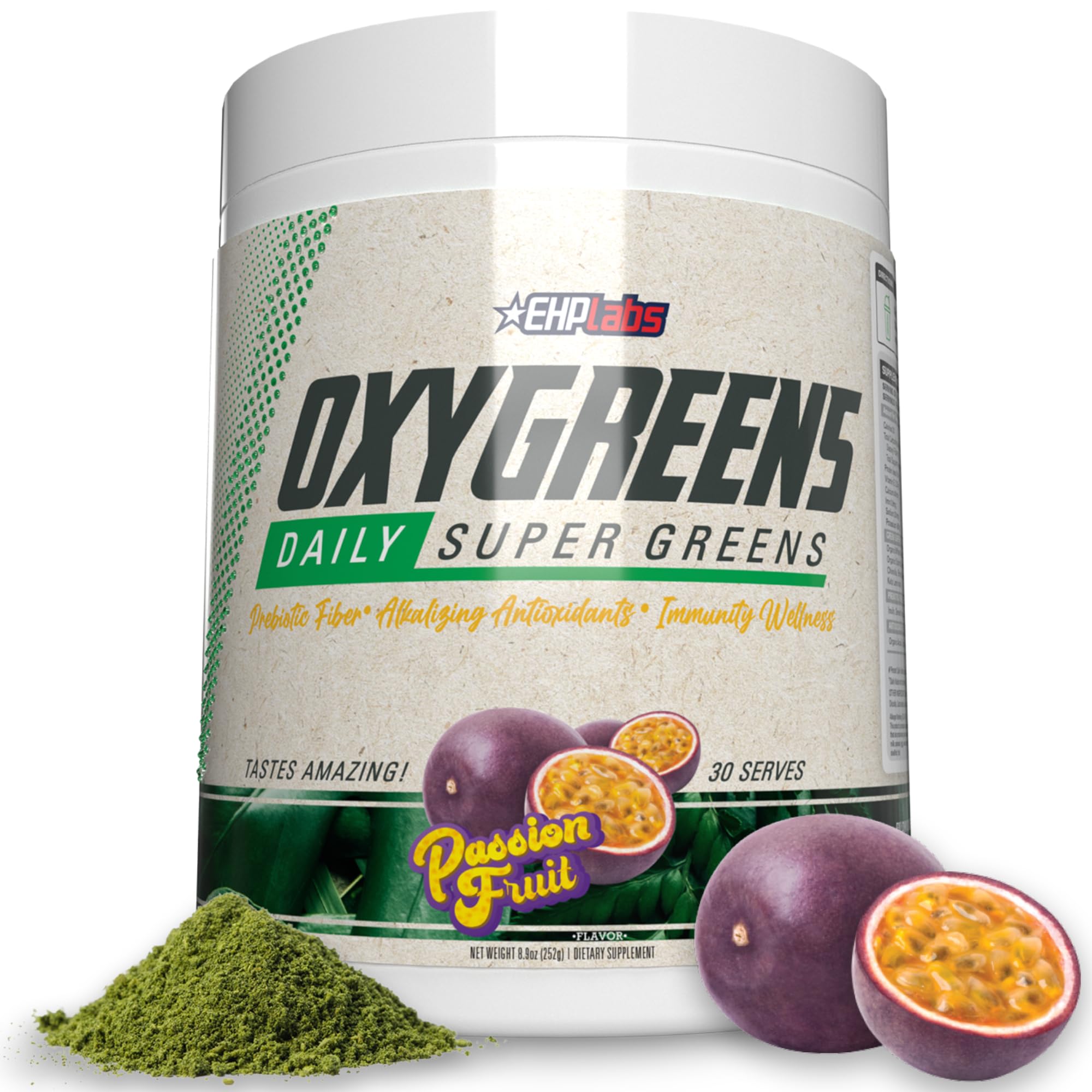 EHP Labs OxyGreens Super Greens Powder with Spirulina & Chlorella - Organic Superfood Supplement for Immunity, Digestion & Energy | Antioxidant-Rich Green Juice Powder with Prebiotic Fiber | 30 Servings (Passionfruit Flavor) | Perfect for Smoothies, Shakes & Daily Wellness Routine