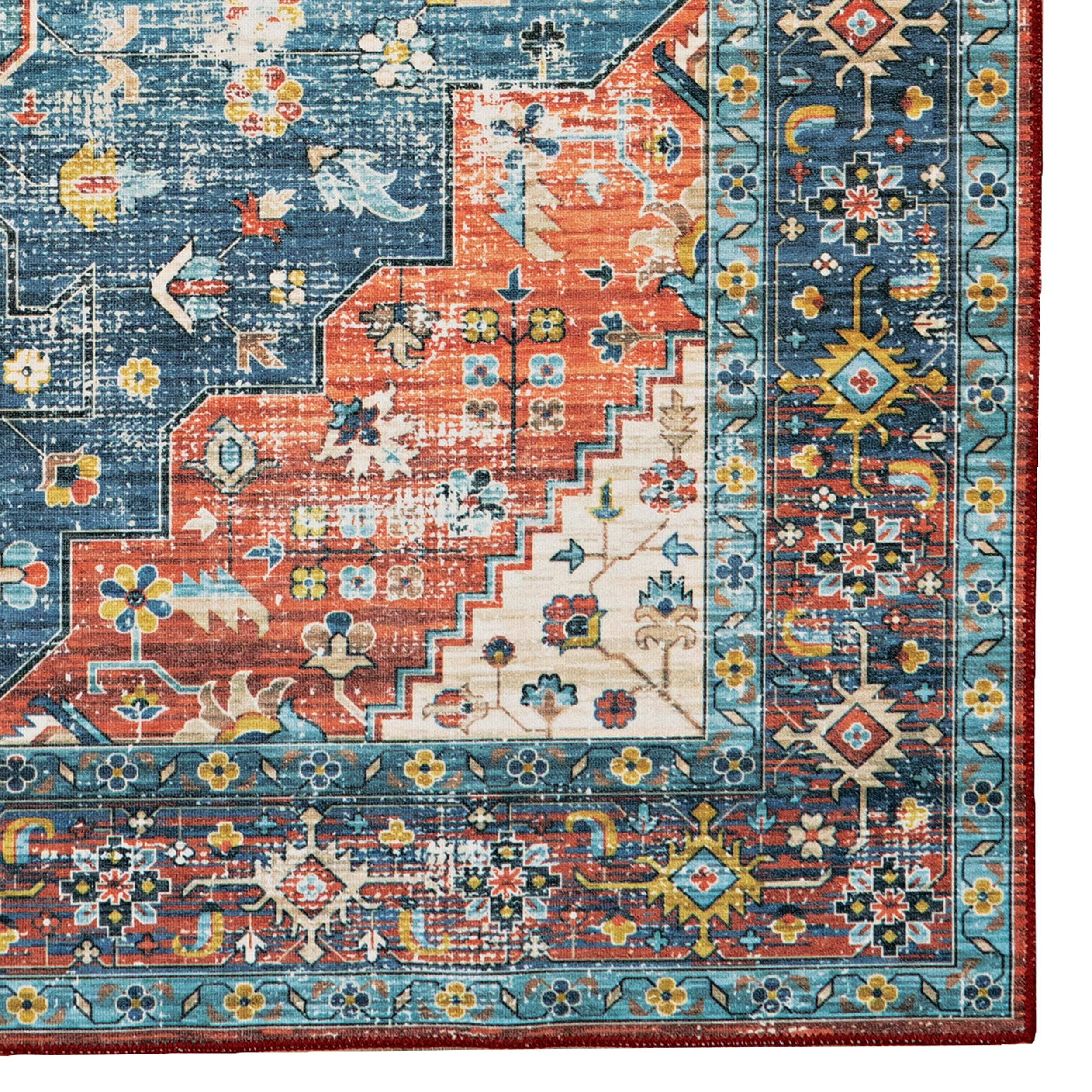 Linon Home Decor Washable Rug 5' x 7' Area Rug - Beasley Teal & Rust Pattern, Non-Slip Soft Indoor/Outdoor Carpet for Living Room, Bedroom, Patio