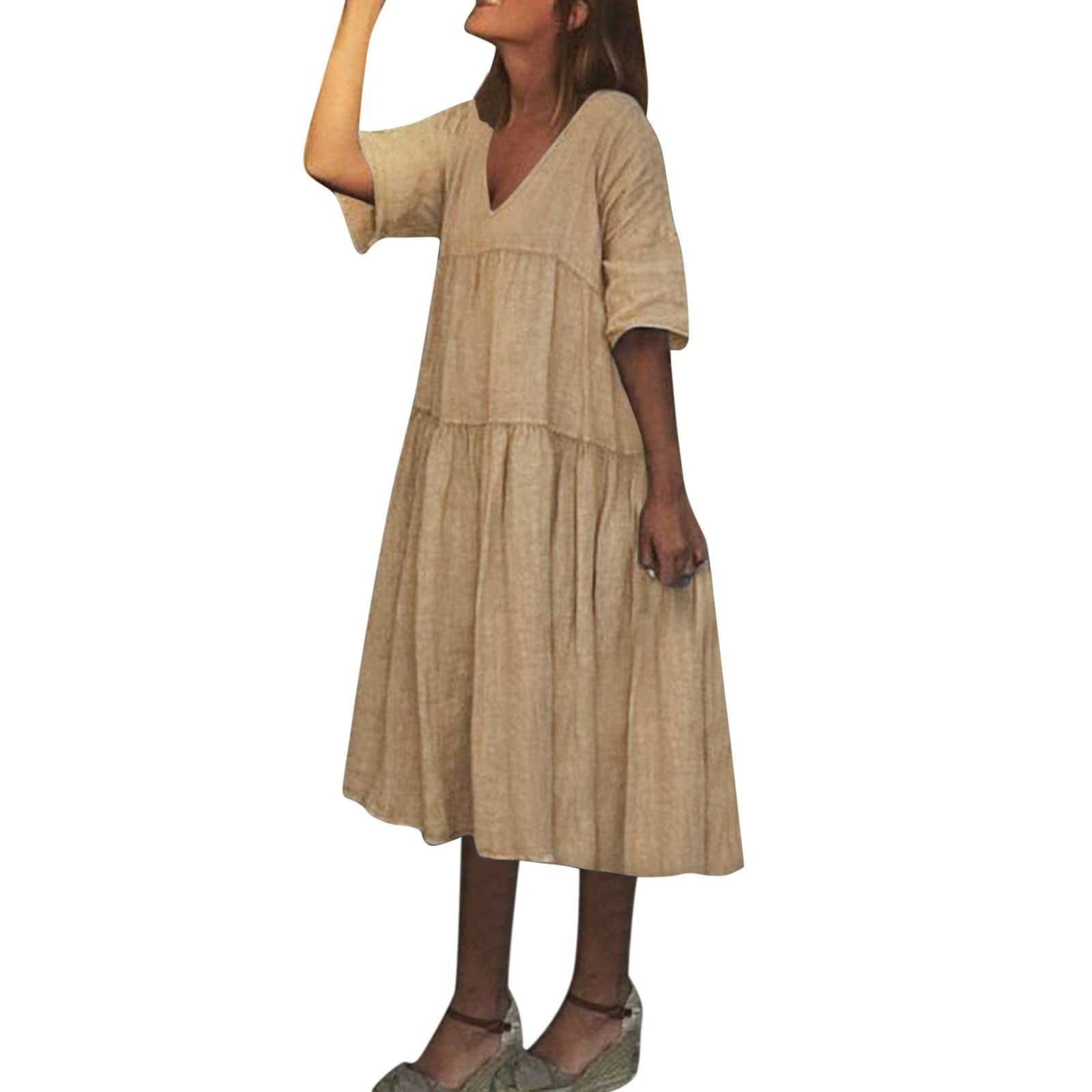 Women's Summer Casual Solid Color Tunic Dress - Pleated Flowy Swing Mini Shirt Dress with V-Neck & Half Sleeves | Perfect for Beach Outings, Vacation Wear & Summer Parties