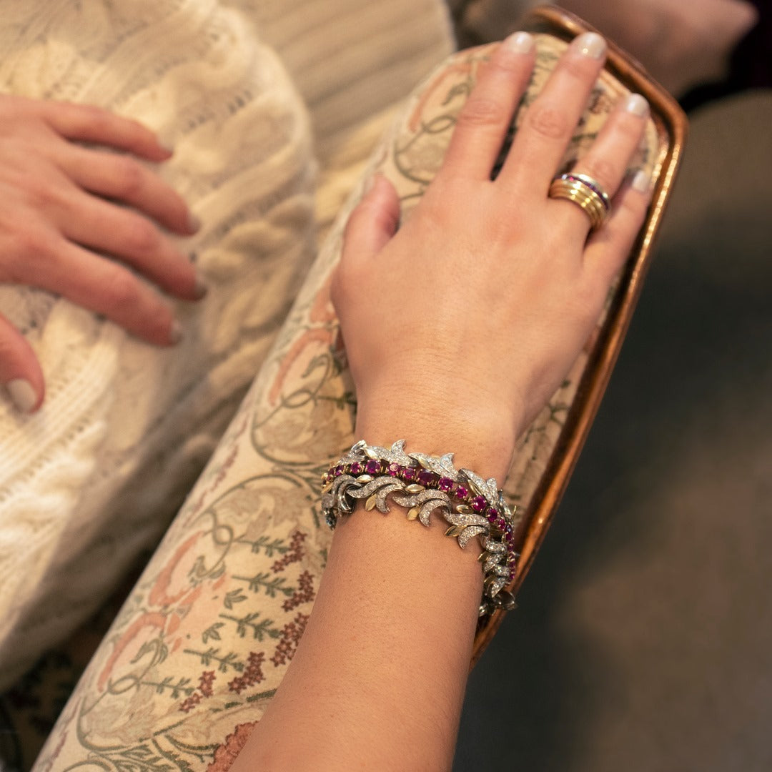 Tiffany & Co. Authentic Burmese Ruby and Diamond Leaf Bracelet - 18K Gold Luxury Jewelry for Women, Perfect for Weddings, Anniversaries & Special Occasions