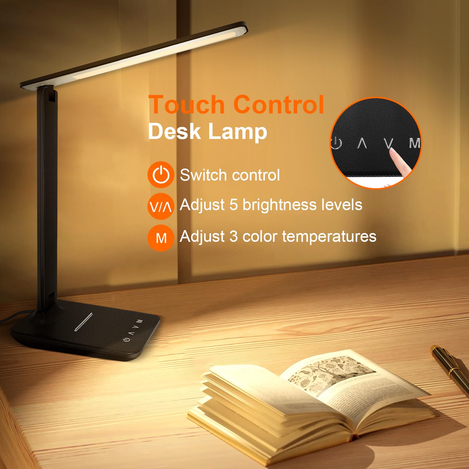 Karidi LED Desk Lamp - Dimmable Table Lamp with USB Charging Port, 5 Lighting Modes & Touch Control, Foldable Portable Reading Light for Home Office, Bedroom, Study - Perfect for Night Reading, Working & Charging Devices (Black)