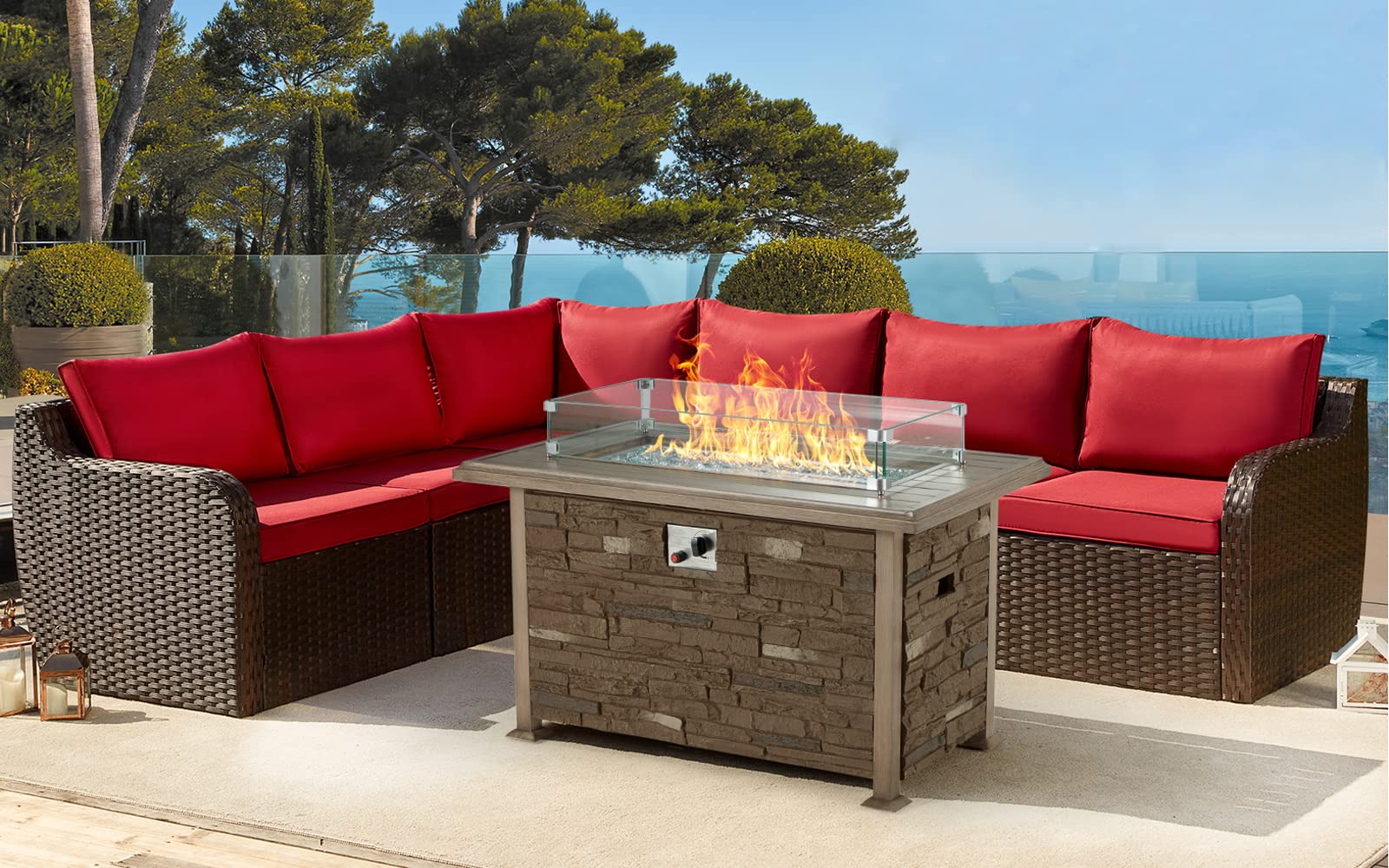 Vicluke 7-Piece Outdoor Patio Furniture Set with 50,000 BTU Propane Fire Pit Table, Rattan Sectional Sofa & Coffee Table, CSA Certified, Wind Guard - Red (Perfect for Backyard, Garden, Poolside & Patio Relaxation)