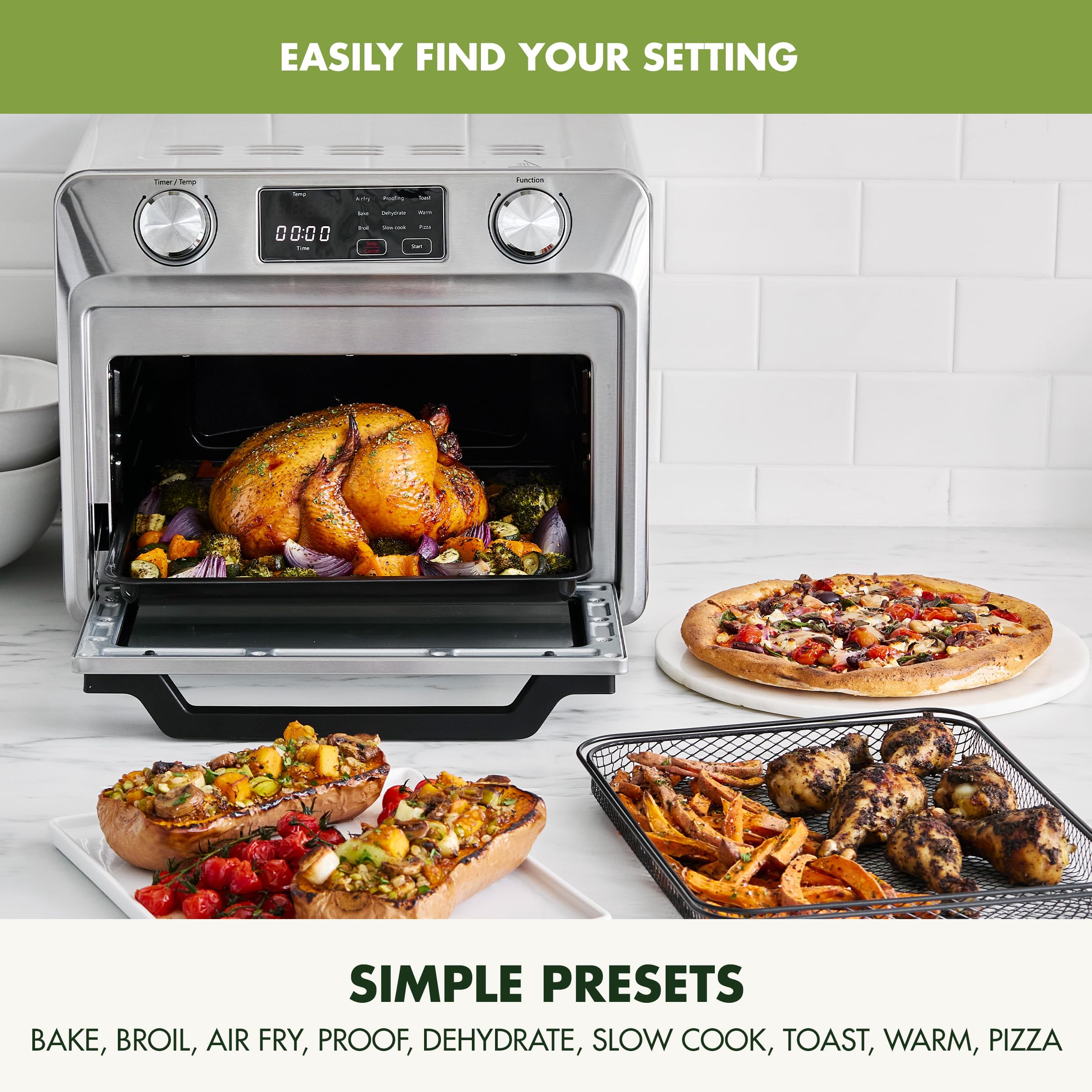 GreenPan Bistro 9-in-1 Stainless Steel Air Fryer Oven with Nonstick Baking Pan, Rack & Basket - Fast Heating, Multiple Presets, Cool-Touch Handle, PFAS-Free, Easy Clean Crumb Tray - Perfect for Baking, Roasting & Air Frying at Home