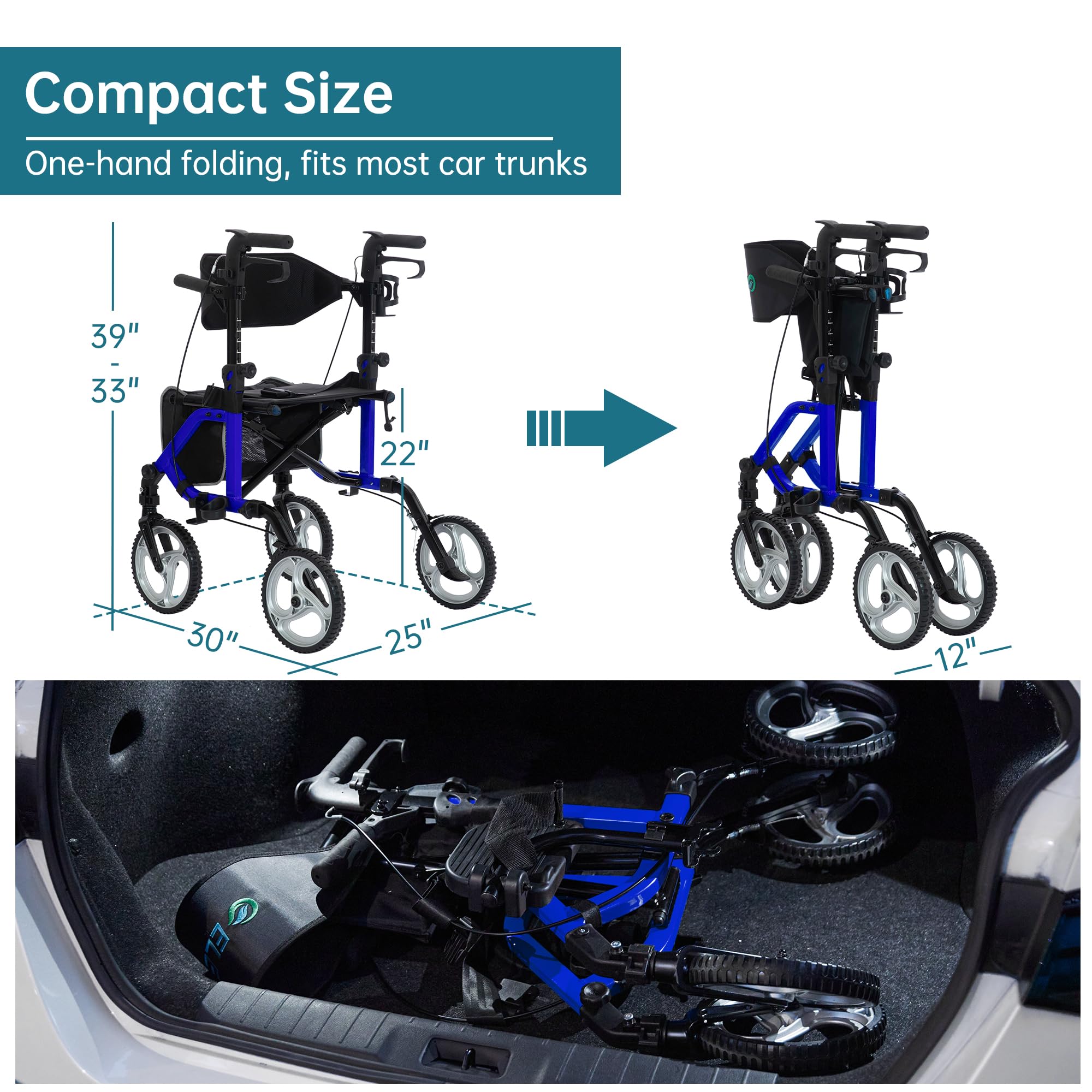 ELENKER 2 in 1 Rollator Walker & Transport Chair - Folding Wheelchair with 10