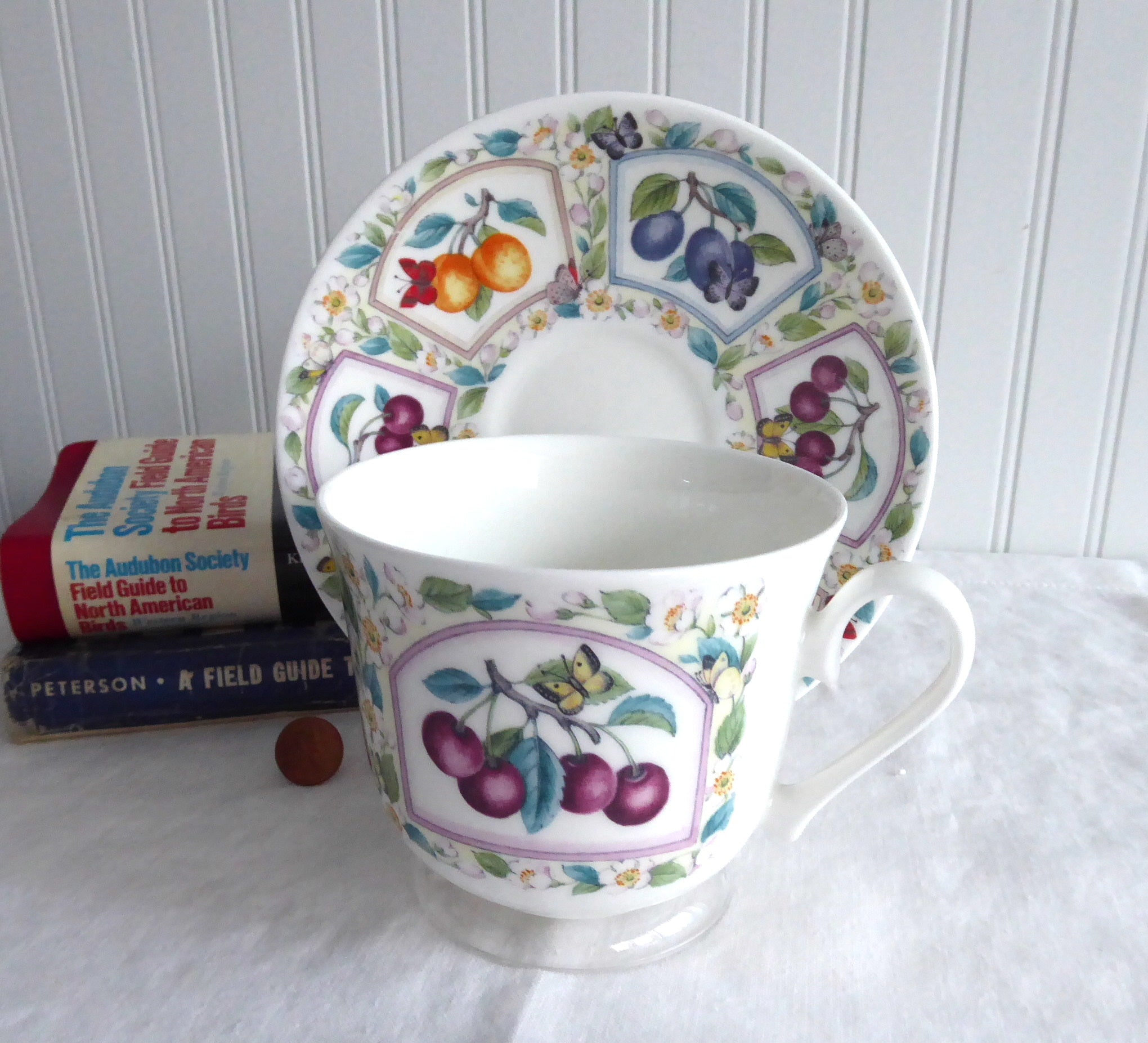 Roy Kirkham Bone China Breakfast Cup and Saucer Set with Prunus Fruit & Butterfly Design - Elegant Tea Set for Morning Coffee, Afternoon Tea, and English Breakfast (6.5 oz)
