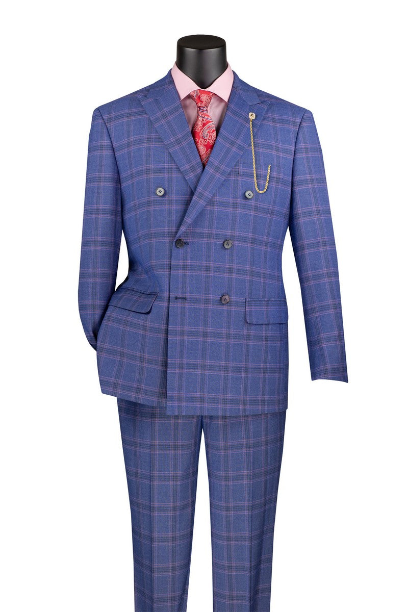 Double Breasted Modern Fit Glen Plaid Suit for Men - Navy Blue Business Professional Attire | Perfect for Weddings, Office & Formal Events