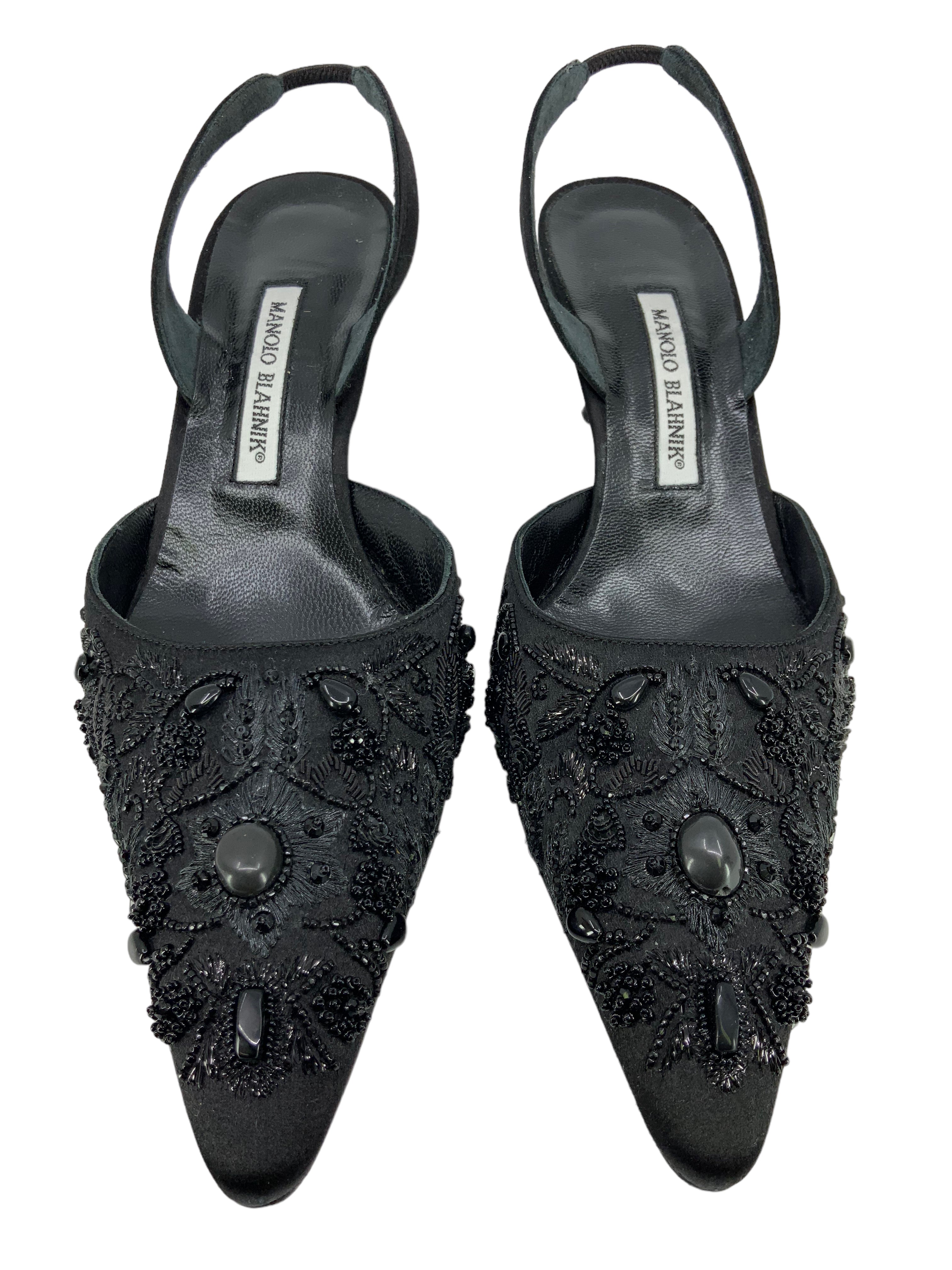 Manolo Blahnik Embellished Satin Slingback Pumps - Women's Size 10 Luxury Heels for Weddings, Parties & Special Occasions