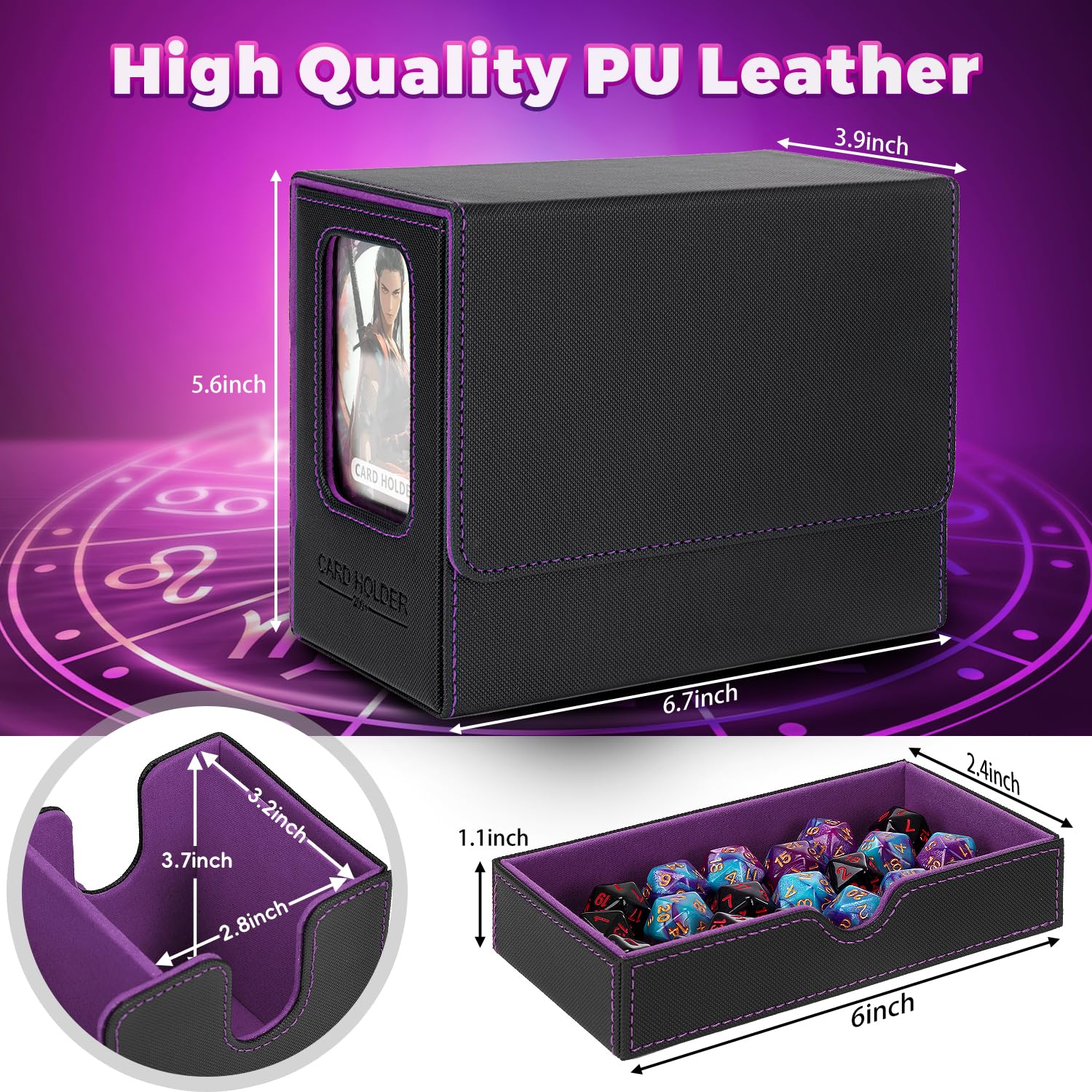 Premium MTG Commander Deck Box with Dice Tray - Holds 230+ Magic TCG/CCG Cards - 4-in-1 Storage Case with 4 Dividers (Black/Purple) - Perfect for Game Nights, Tournaments & Card Collection Organization