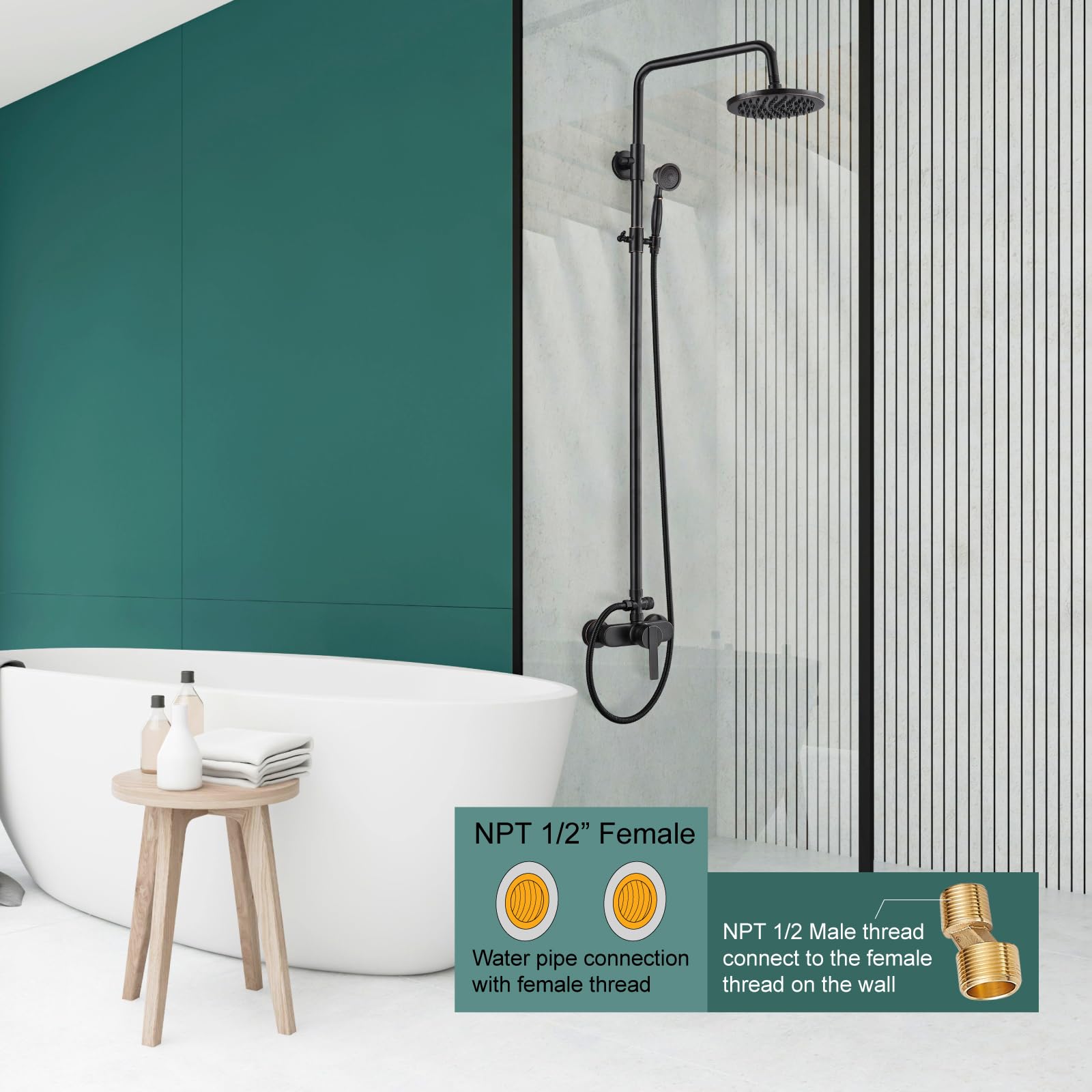 Oil Rubbed Bronze Exposed Pipe Shower System - 8 Inch Rainfall Shower Head & Handheld Sprayer Combo Set - Single Handle Brass Bathroom Faucet with Dual Functions - Perfect for Modern & Vintage Bathroom Renovations