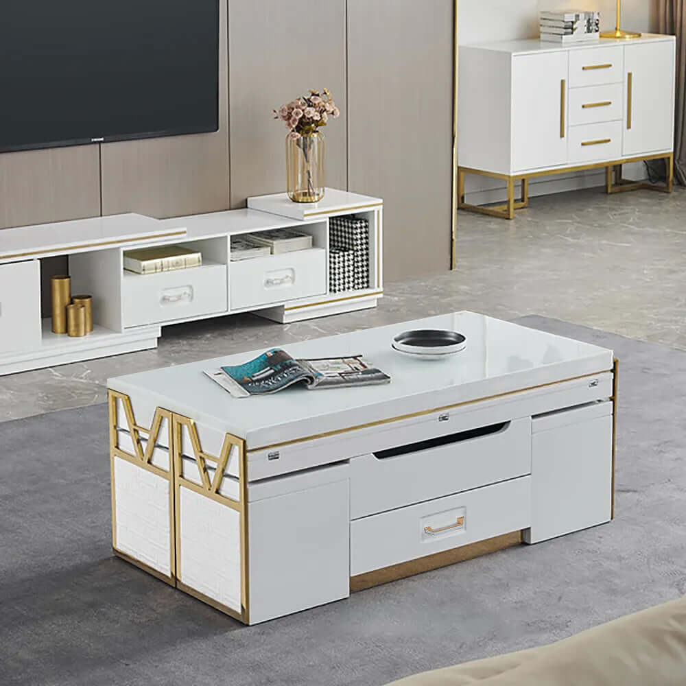 Modern White Lift-Top Coffee Table Set with Storage & Stools - Extendable Accent Table for Living Room, Small Space & Home Office