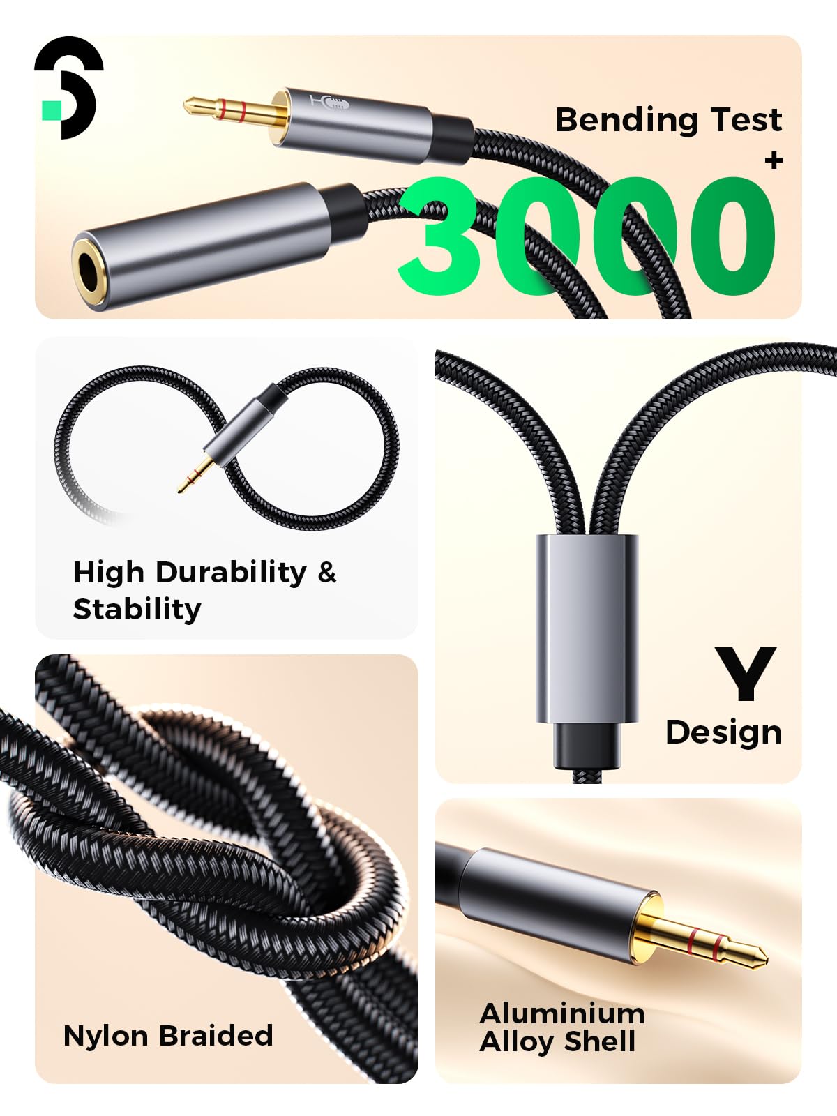 SOOMFON 3.5mm Headphone Mic Splitter - Aux Female to 2 Male Dual Jack Adapter - 24K Gold-Plated Stereo Audio Splitter for Gaming Headset, Earphone, Laptop, PS4 - 2-Way Sharing for Music, Movies & Gaming (30cm/1ft)
