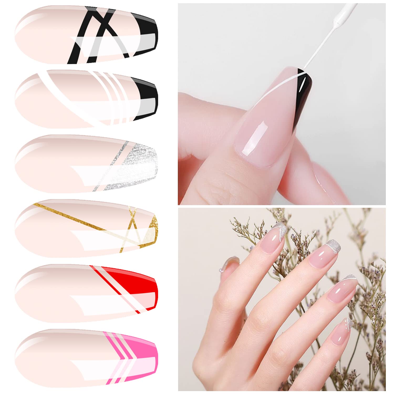 Vishine 6 Colors Gel Nail Polish Set - White, Black, Pink, Glitter, Silver, Gold Soak Off UV LED Nail Art Liner with Built-in Thin Brush for DIY Nail Designs (8ml) | Perfect for Salon, Home Manicure & Nail Art Enthusiasts