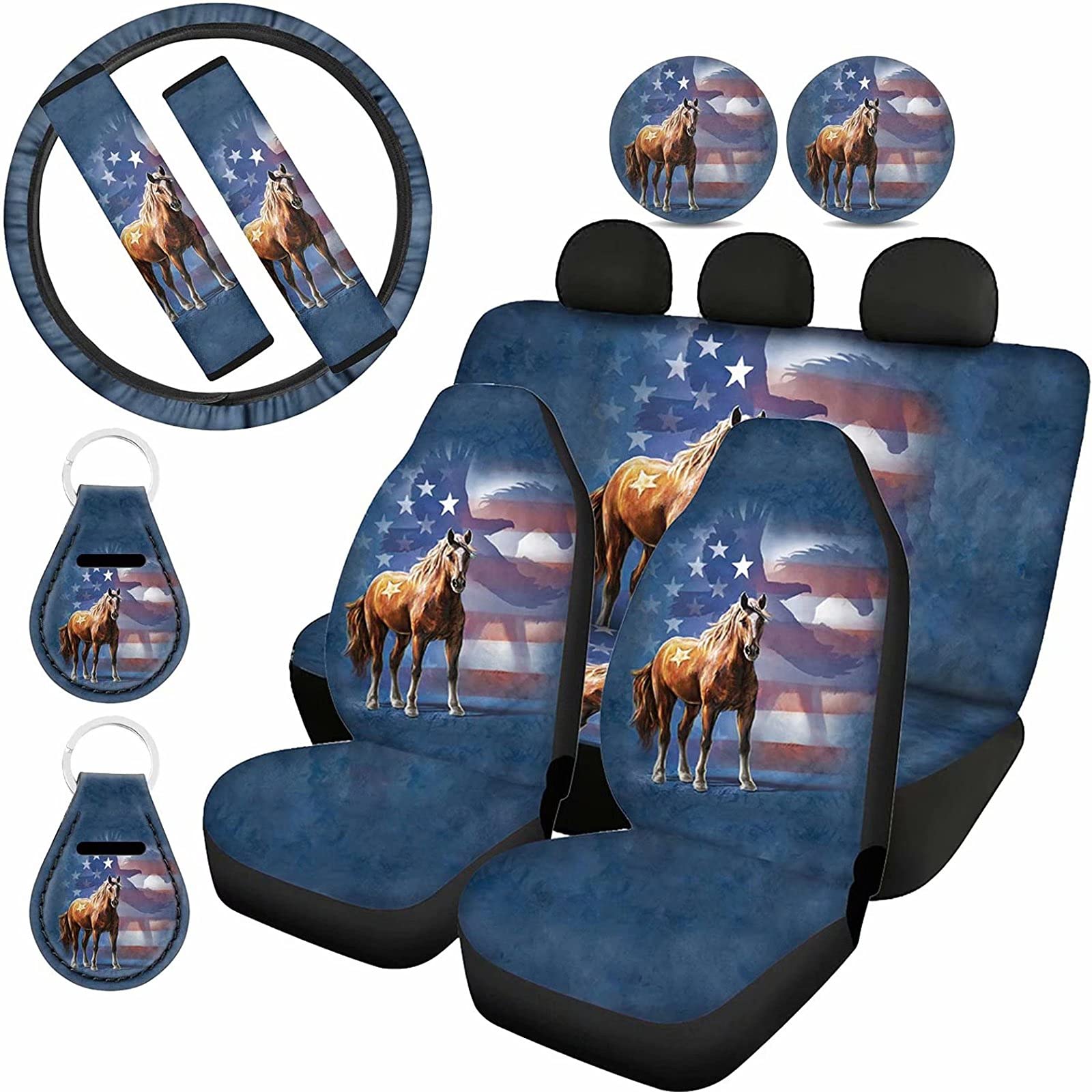 American Flag Horse Print Car Interior Accessories Set - Universal Rear Seat Covers, Steering Wheel Cover, Seat Belt Pads, Absorbent Cup Holder Coasters & Keychains - 11-Piece Auto Decor Gift for Patriotic Drivers (Perfect for Road Trips, Car Shows & 4th of July Celebrations)