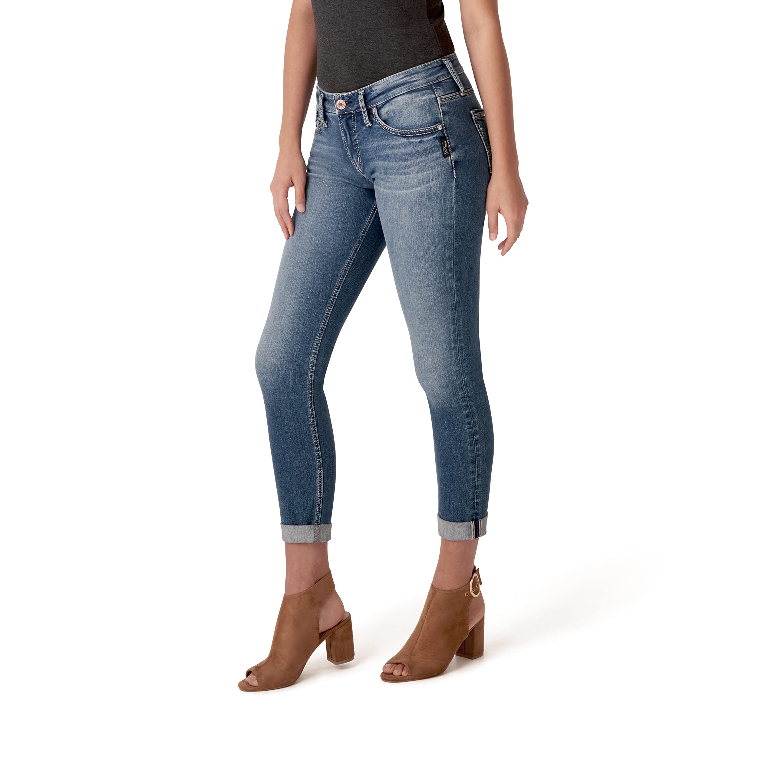 Silver Jeans Co. Women's Boyfriend Mid Rise Slim Leg Jeans - Comfortable Stretch Denim Pants for Casual Wear & Everyday Outfits