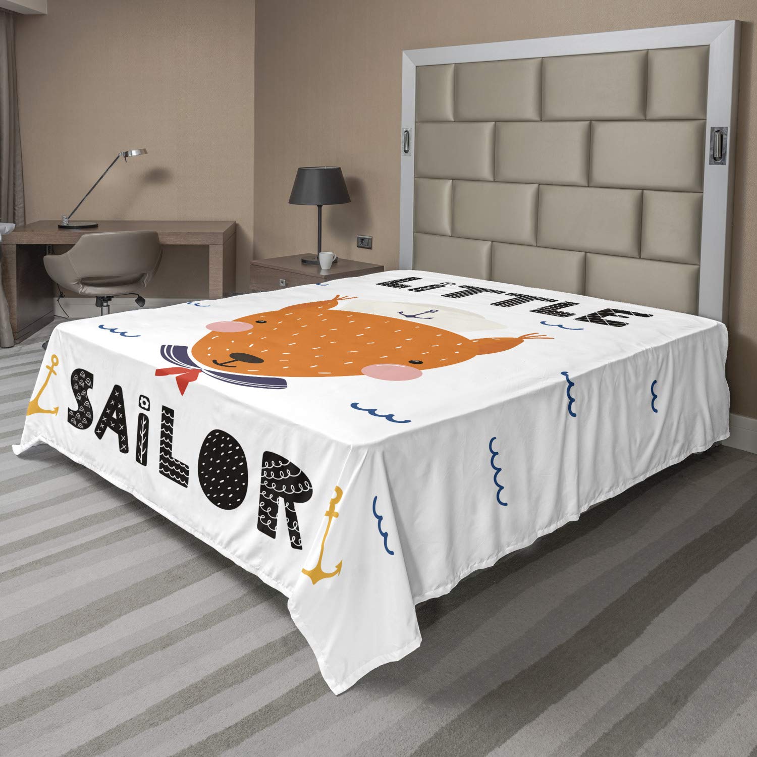 Ambesonne Marine Themed King Size Flat Sheet - Fox & Sailor Doodle Design with Anchors & Waves | Soft Comfortable Decorative Top Bedding for Coastal & Nautical Themed Bedrooms | Perfect for Guest Rooms, Beach Houses & Vacation Homes