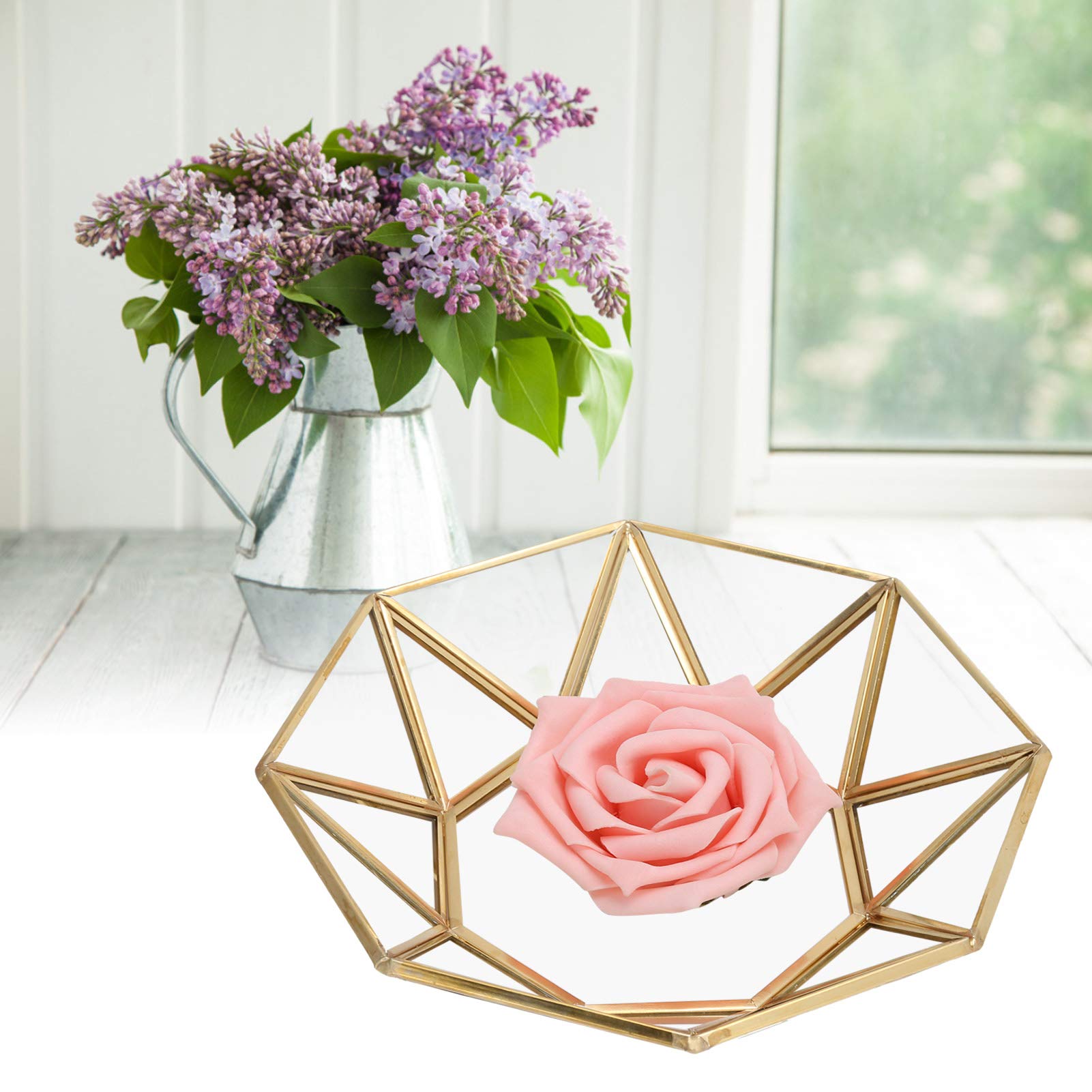 Eulbevoli Gold Octagonal Glass Jewelry Tray - Elegant Vanity Organizer for Rings, Earrings & Cosmetics | Thick Glass Trinket Dish with Floral Design | Perfect for Home Decor, Bathroom Storage & Flower Planting