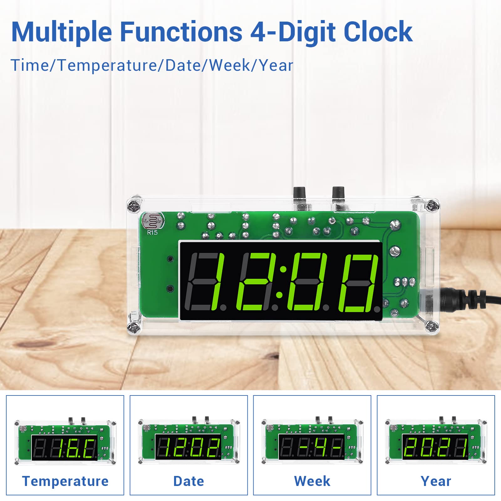 MiOYOOW TJ-56-428 4-Digit Digital DIY Clock Kit with Acrylic Shell - Soldering Practice Kit for Students & Electronics Hobbyists - Learn Electronics with DIY Alarm Clock Project - Perfect for STEM Education & Home Workshop Projects