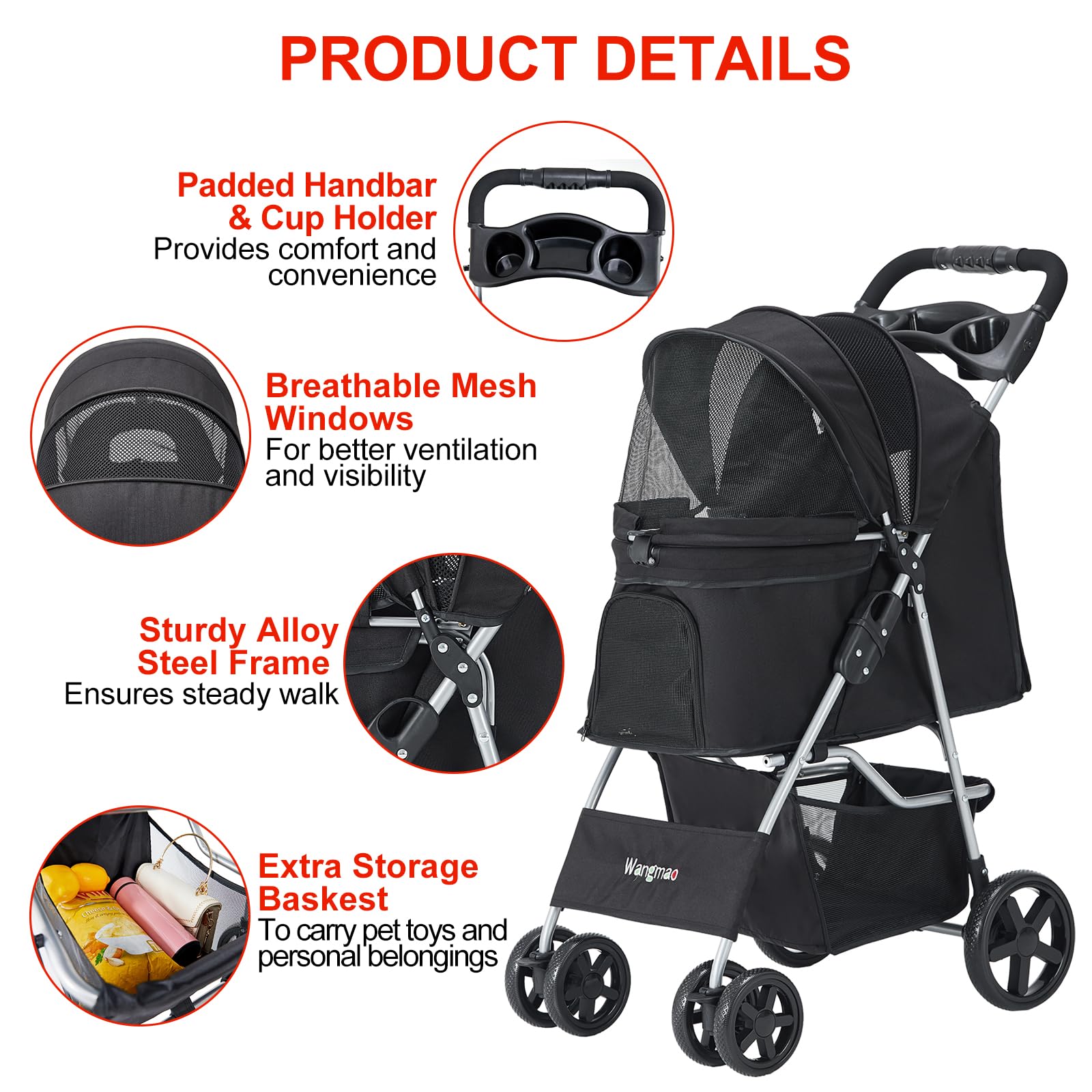 Premium Folding Pet Stroller for Small & Medium Dogs & Cats - 4-Wheel Jogger with Cup Holder & Storage Basket (Black) | Perfect for Outdoor Walks, Shopping Trips & Vet Visits