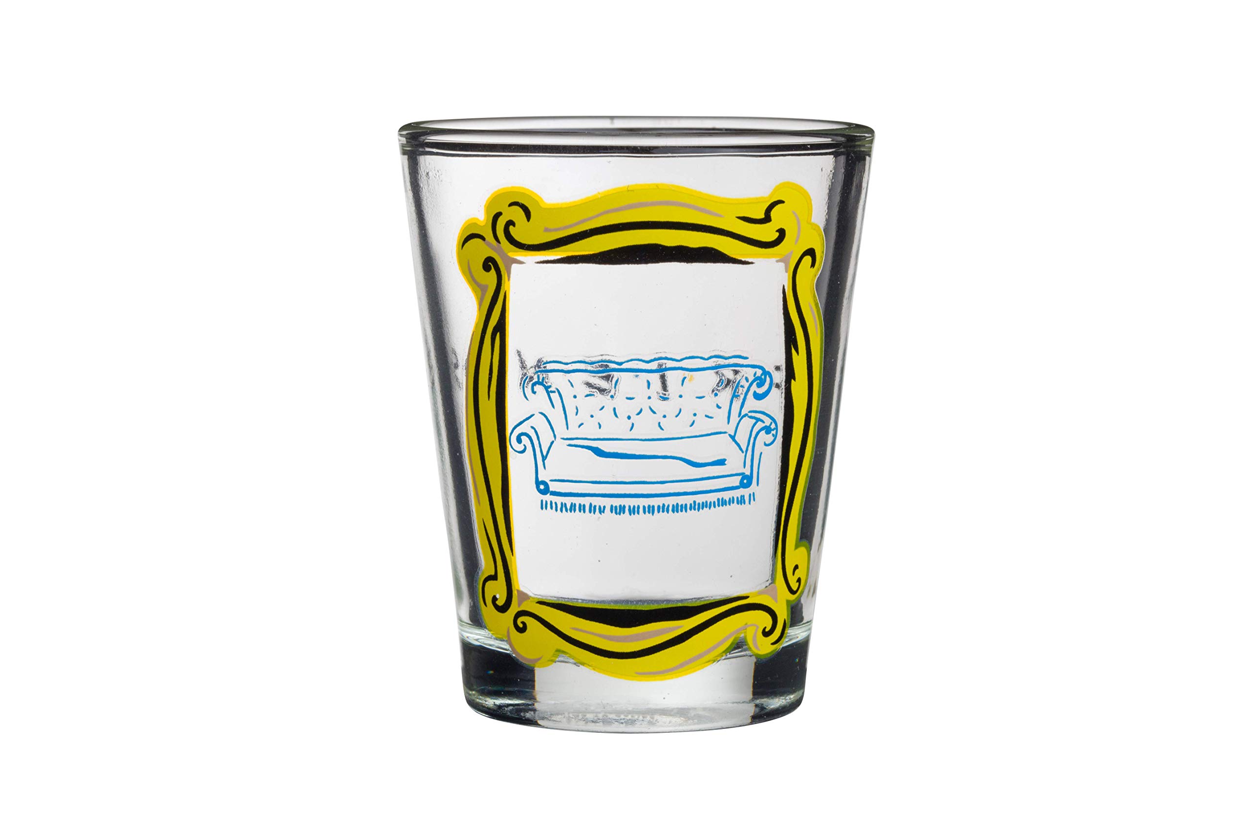 Friends TV Show Mini Glasses 4-Pack – Iconic Lobster, Smelly Cat, Regina Phalange & Central Perk Couch Designs in Yellow Frame (1.5 oz) – Perfect for Themed Parties, Collectibles & Fan Gifts