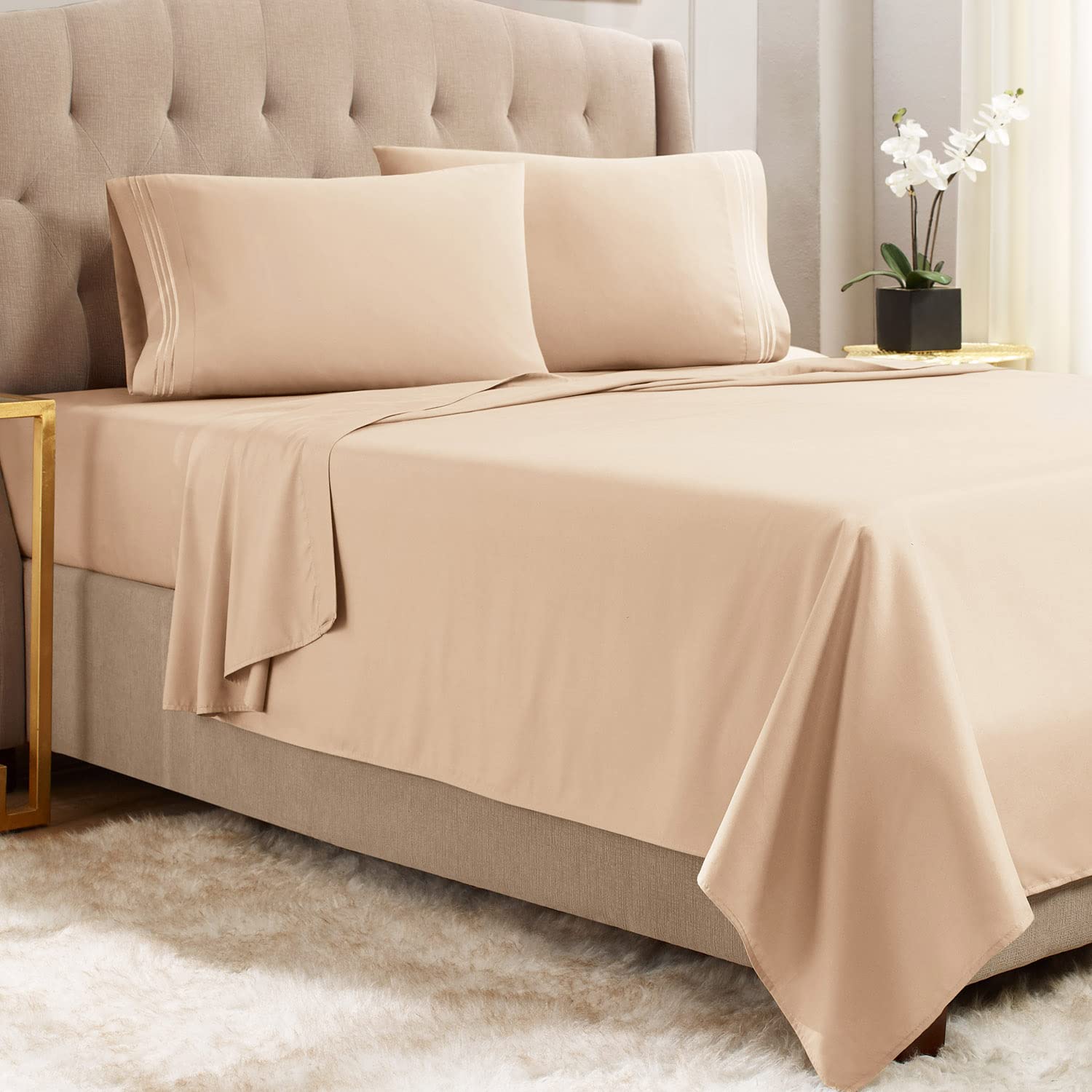 Empyrean California King Sheet Set - 4 PC Ultra Soft Double Brushed Microfiber Bed Sheets in Taupe Sand | Hotel Luxury Deep Pocket Fitted Sheet with 4 Corner Elastic Straps | Perfect for Master Bedroom, Guest Room & Vacation Homes
