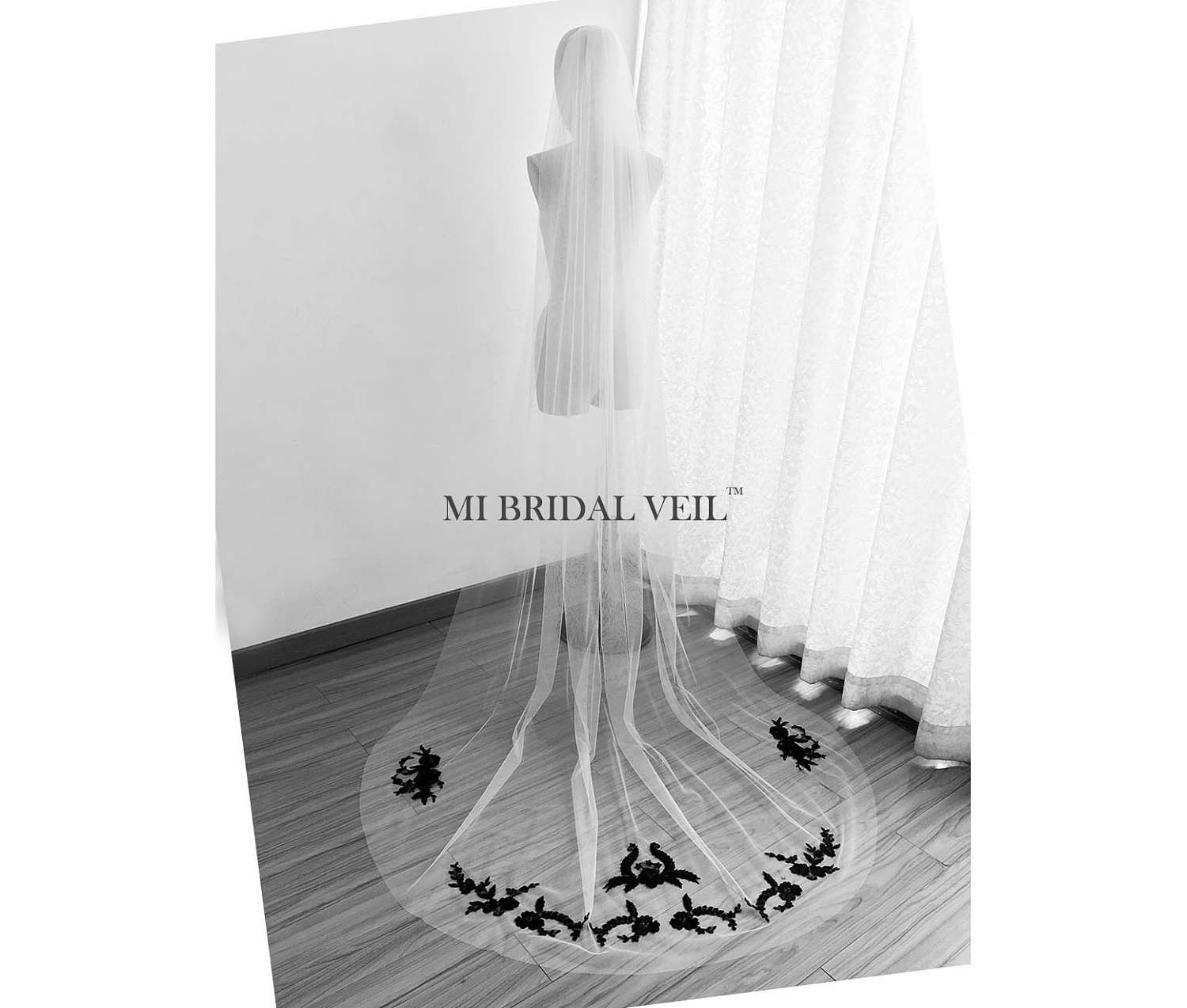 Elegant Black Embroidered Lace Chapel Wedding Veil - Vintage Inspired Bridal Veil for Romantic Weddings, Church Ceremonies & Photo Shoots