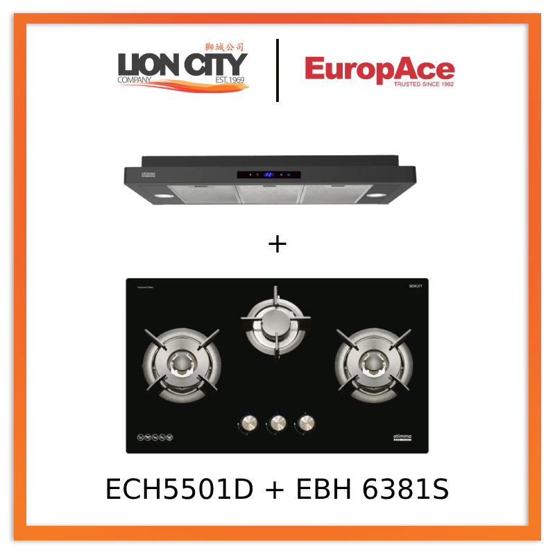 Europace ECH5501DBK 90cm Slimline Range Hood + EBH6381STG 80cm Built-In Gas Cooktop (3 Burner) - Modern Kitchen Ventilation & Cooking Solution for Home Chefs