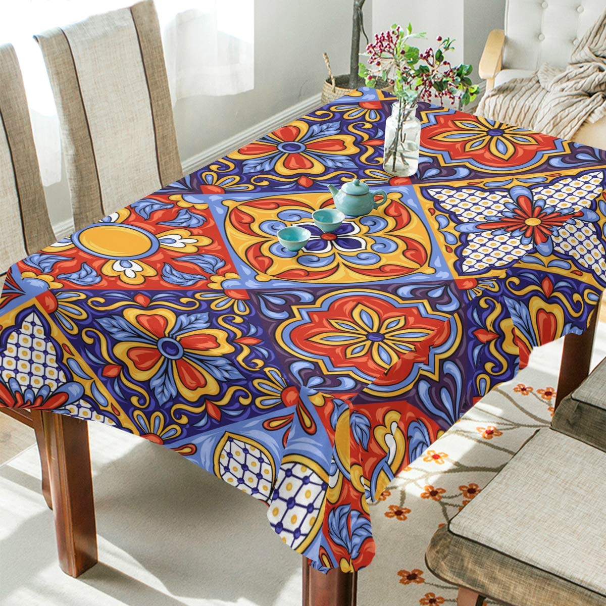 Stylish Talavera Ceramic Tile Tablecloth - Elegant Dining & Kitchen Decor for Home, Parties, and Outdoor Gatherings