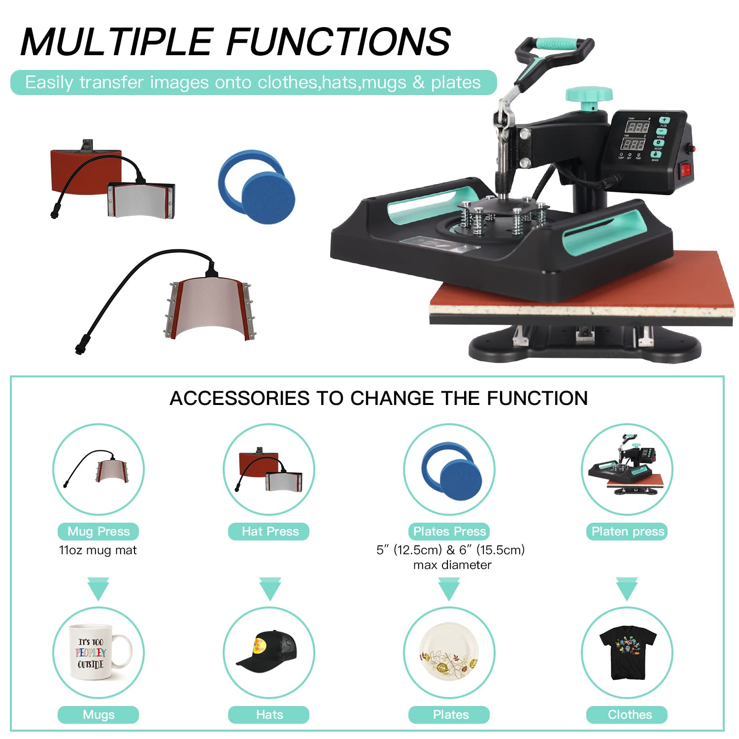 UKPRESS 5-in-1 Heat Press Machine 38x38cm with Swing Away 360° - Digital Dual Control for Sublimation Printing on T-Shirts, Mugs, Hats, Plates & Mouse Pads | Perfect for DIY Crafts, Small Business & Custom Apparel (Green)